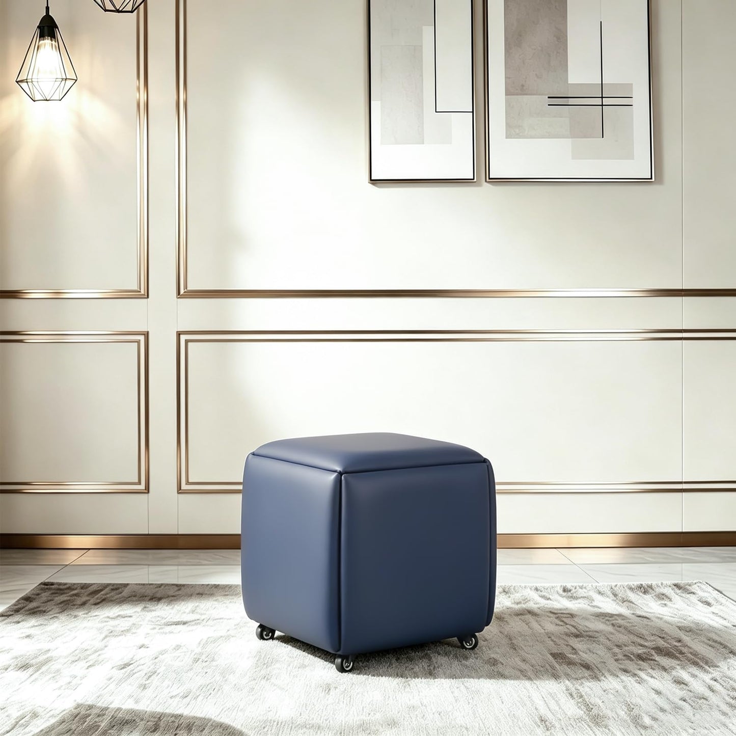 LUGSHIREE 5 in 1 Nesting Ottoman Cube Chair, Stackable Stools, Leather Square Ottoman Bench, Foot Stool with Wheels for Living Room,Dining Room 15.75x15.75x16.54 inches