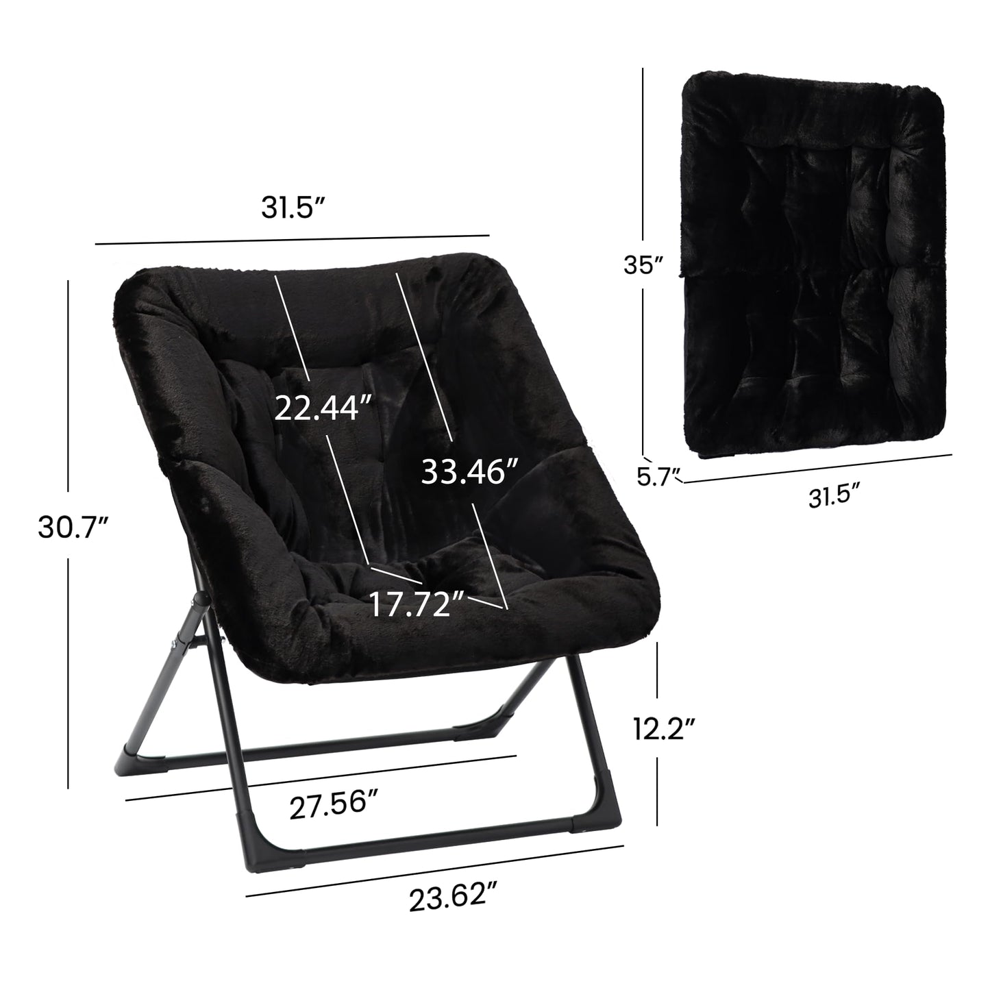 Mordchil HF Comfy Saucer Chair for Adults, Set of 2, Soft Faux Fur Bedroom Chair, Accent Dorm Chairs, Flexible Living Room Reading Chairs, Oversized Folding Seat for Teens, X-Large, Black