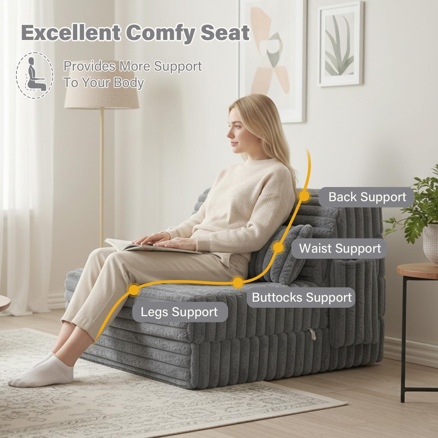 Tiita Folding Sofa Bed Convertible Sleeper Chair Mattress with Pillow & Side Pocket, Thick Corduroy Floor Mattress Couch Bed, Single Size, Grey