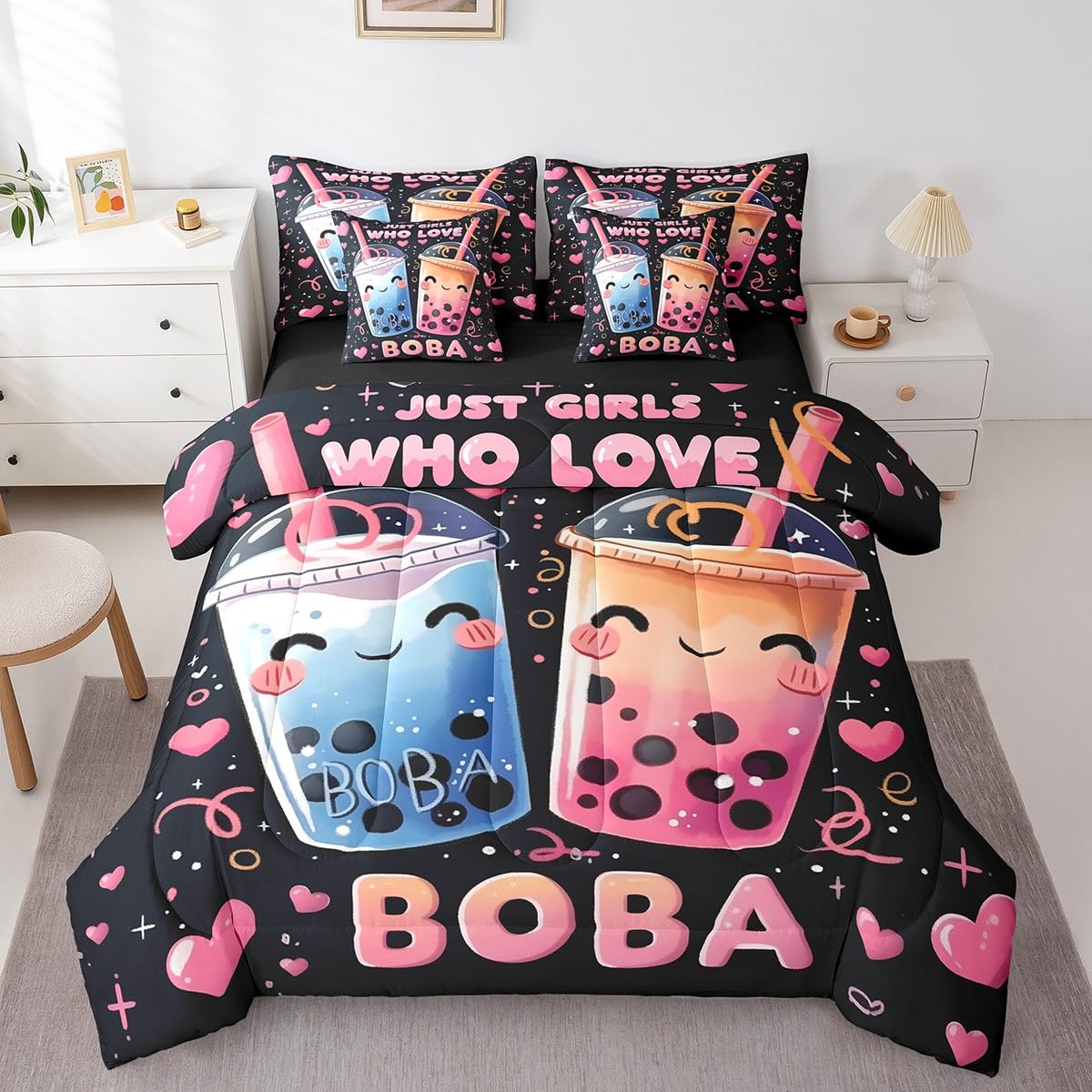 Erosebridal 7 Piece Boba Tea Queen Bedding Set,Bubble Tea Bed Set Cute Boba Gifts for Kids Teen Girls,Funny Food Theme Comforter Set Kawaii Anime Bed in a Bag with Fitted+Flat Sheet,Pillowcases