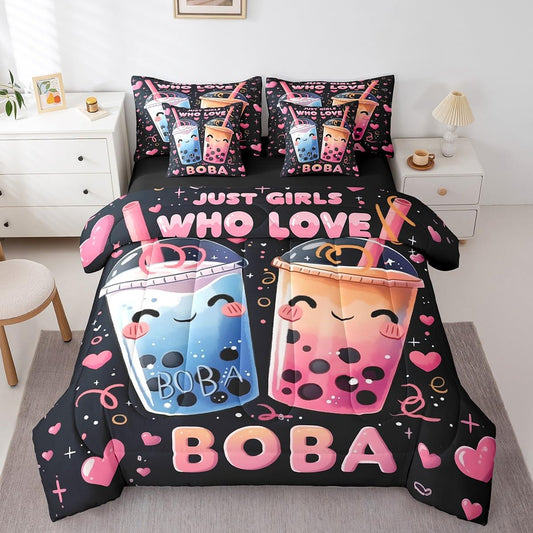 Erosebridal 7 Piece Boba Tea Queen Bedding Set,Bubble Tea Bed Set Cute Boba Gifts for Kids Teen Girls,Funny Food Theme Comforter Set Kawaii Anime Bed in a Bag with Fitted+Flat Sheet,Pillowcases
