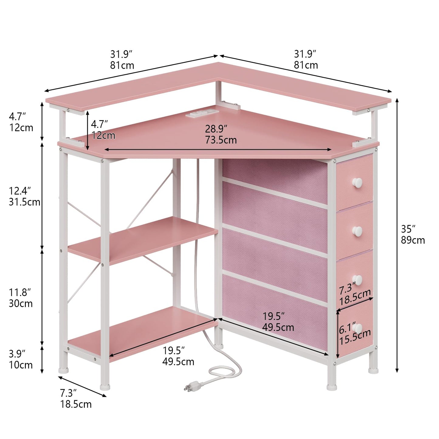 VENNQD Corner Desk with Drawers Shelves for Small Space 90 Degrees Triangle Computer Desk with Power Outlets,Gaming Desk with LED Lights Monitor Stand for Home Office Workstation Writing Table (Pink)