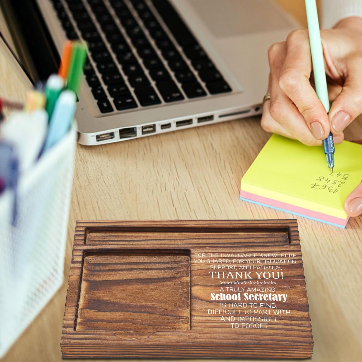 School Secretary Appreciation Gift, Office Desk Organizer, Thank You Sticky Note Holder for Administrative Assistants, School Receptionists, Front Office Staff Recognition Gift TZP90
