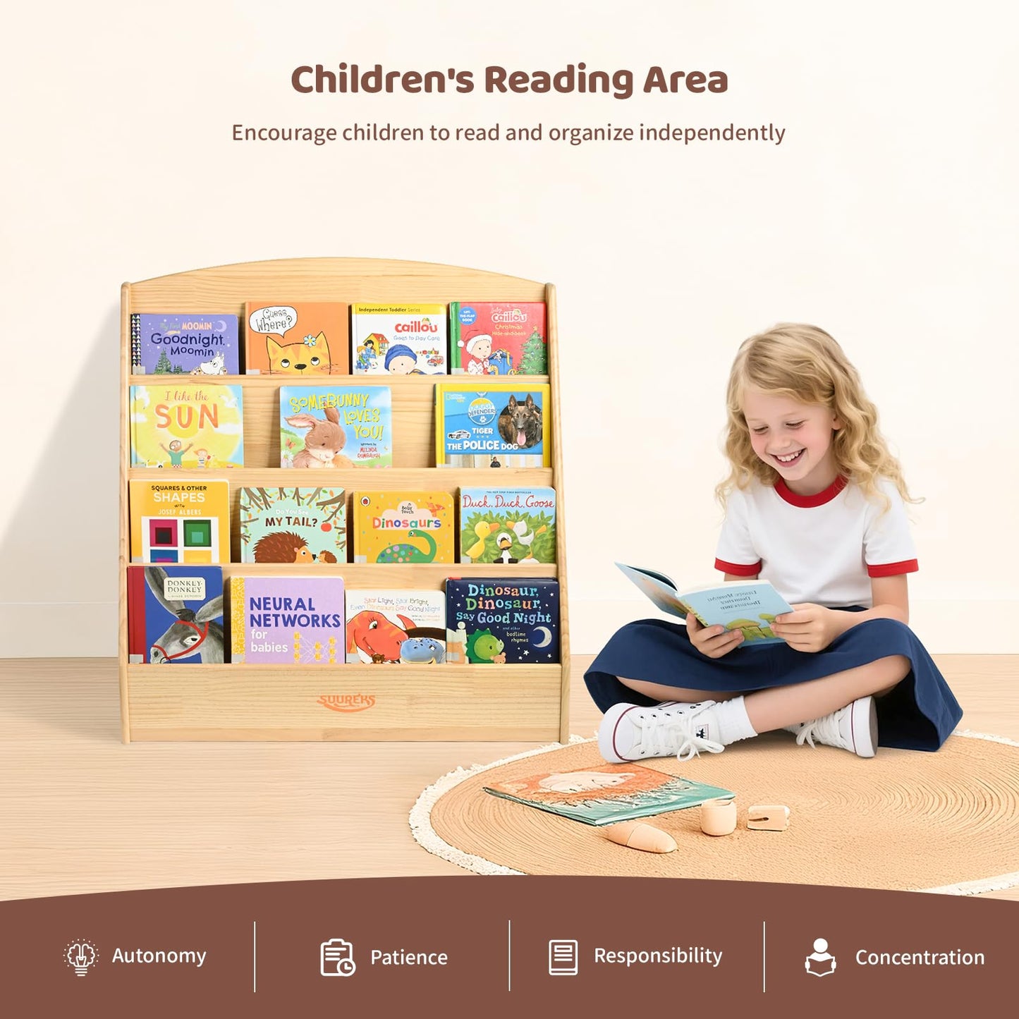 suureks Montessori Bookshelf, 4 Tier Kids Bookshelf – Safe, Sturdy, and Easy to Clean, Premium Wooden Book Shelf for Kids Rooms, Playroom, Classroom, Nursery（31-1/2" D x 11-4/5" W x 31-1/2" H）