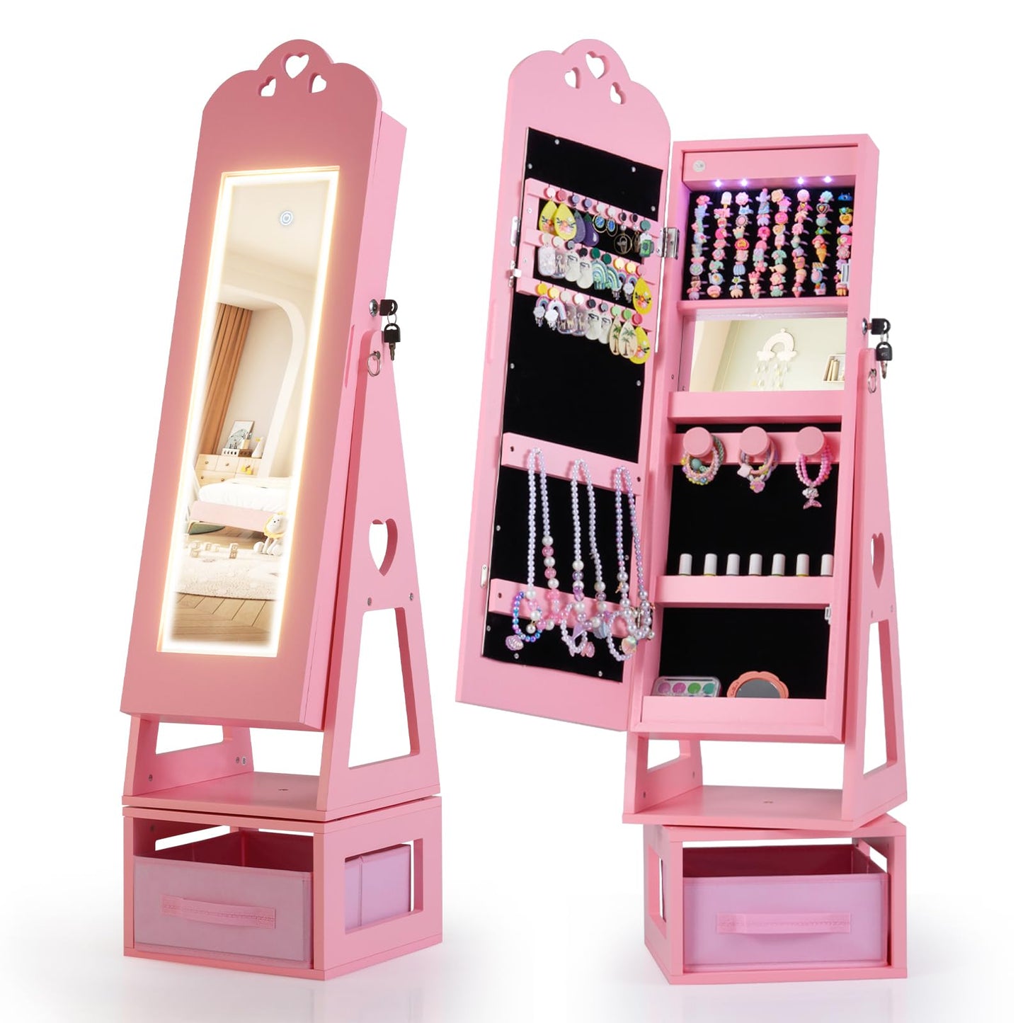 INFANS Kids Jewelry Armoire Cabinet, 360° Swivel Lockable Standing Makeup Organizer with Interior Lights, Rotatable Full-Length LED Vanity Mirror with Foldable Fabric Drawer for Girls