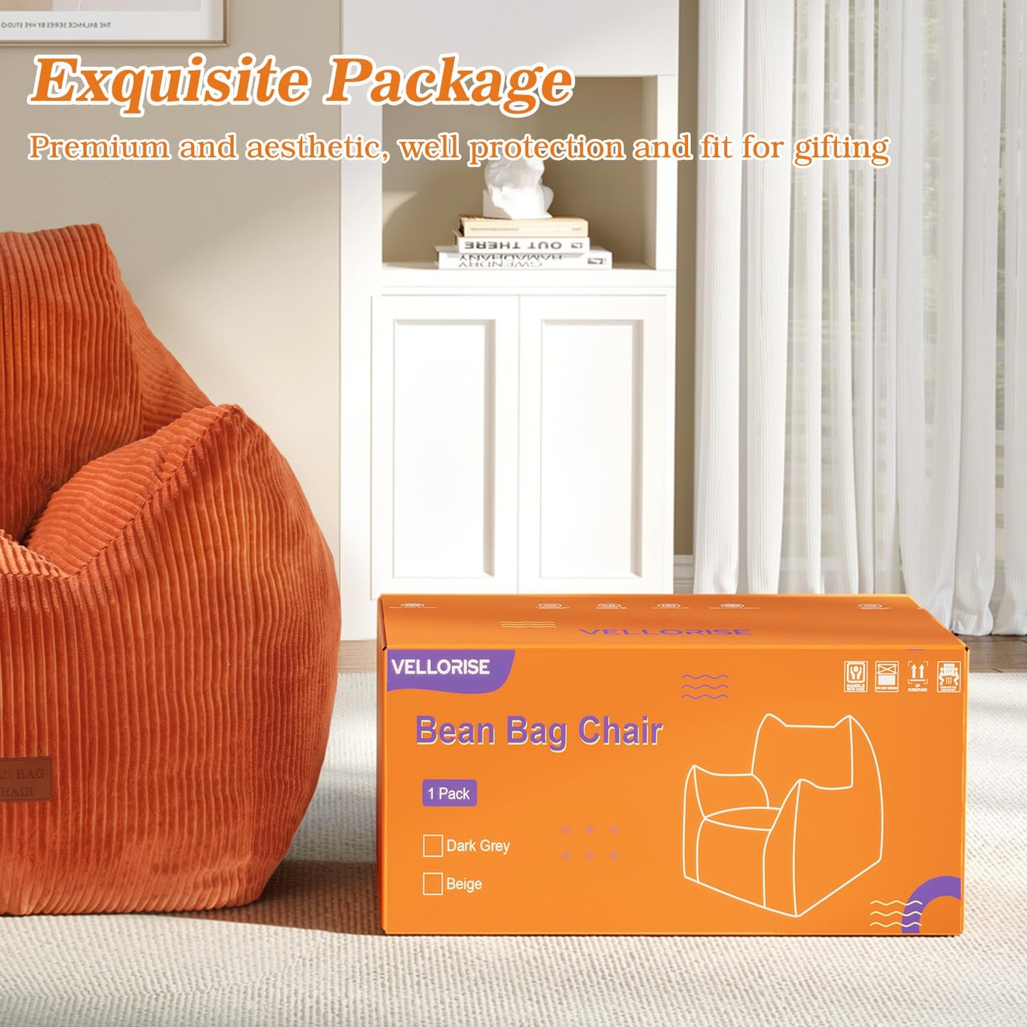 Vellorise Big Bean Bag Chair for Adults, Ultra Soft Living Room Bean Bag with Armrests, Stuffed BeanBag Chair for Napping, Gaming, Vacuum-Compressed for Easy Gifting, 48 Hours to Fluffs Up, Orange