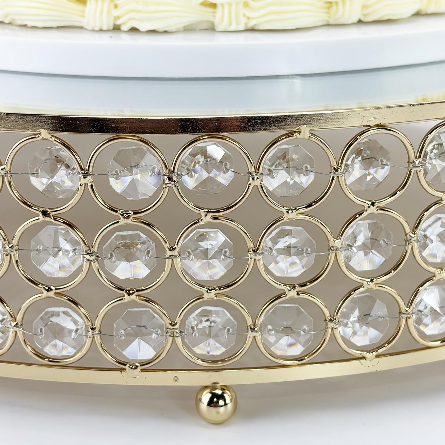 FEICTPOX Metal Cake Stand with Mirror Top Plate Beaded Crystal Display Cake Pedestal,Baking Party Supplies Centerpiece,Gold 16 Inch