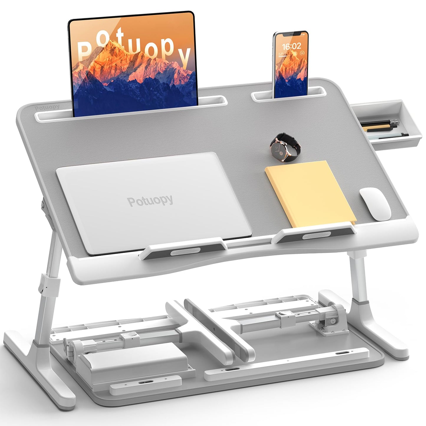 Potuopy Laptop Stand for Bed, PVC Leather Adjustable Bed Desk Table Tray, X-Large Folding Lap Desk with Drawer for Eating Writing Drawing Working on Couch Floor, Grey