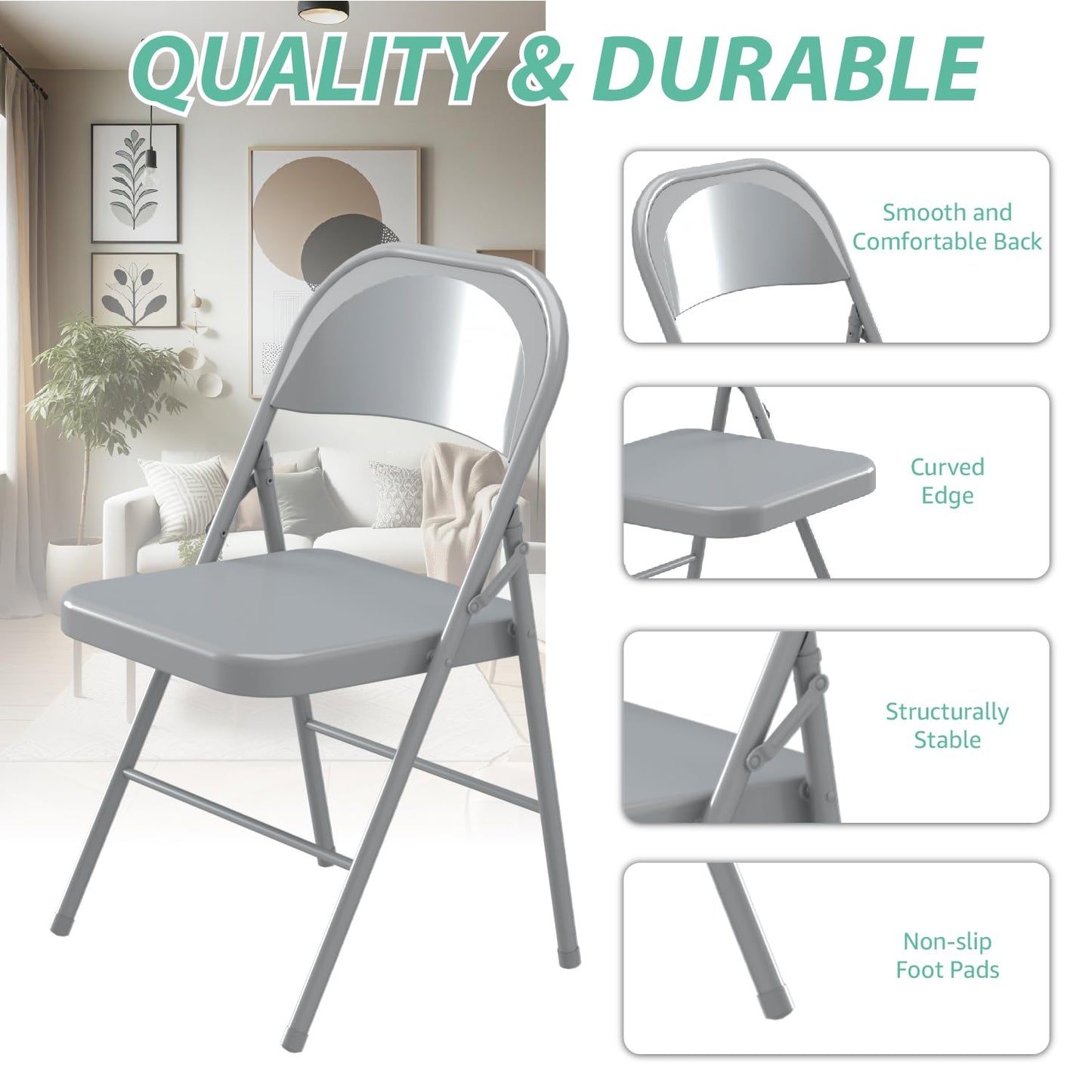 VENI HOME 4 Pack Folding Chairs, Metal Folding Chairs Steel Frame with Double Hinged for Office Wedding Party Patio Dinning Events, Black (Gray)