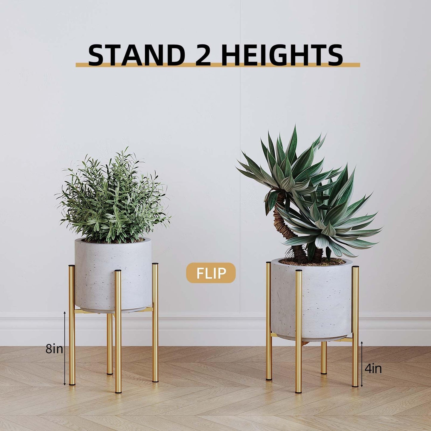 Rioneta Adjustable Metal Plant Stand Indoor, Fits 8-14 Inch Pots, Mid Century Modern Gold Planter Holder,2 Heights, Heavy Duty 160 lb, Indoor Outdoor Corner Floor Pot Stand, Golden