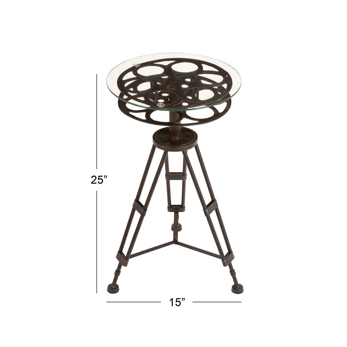 Deco 79 Metal Side End Accent Table Film Reel End Table with Tripod Legs and Glass Top, Side Table 15" x 15" x 25", Black