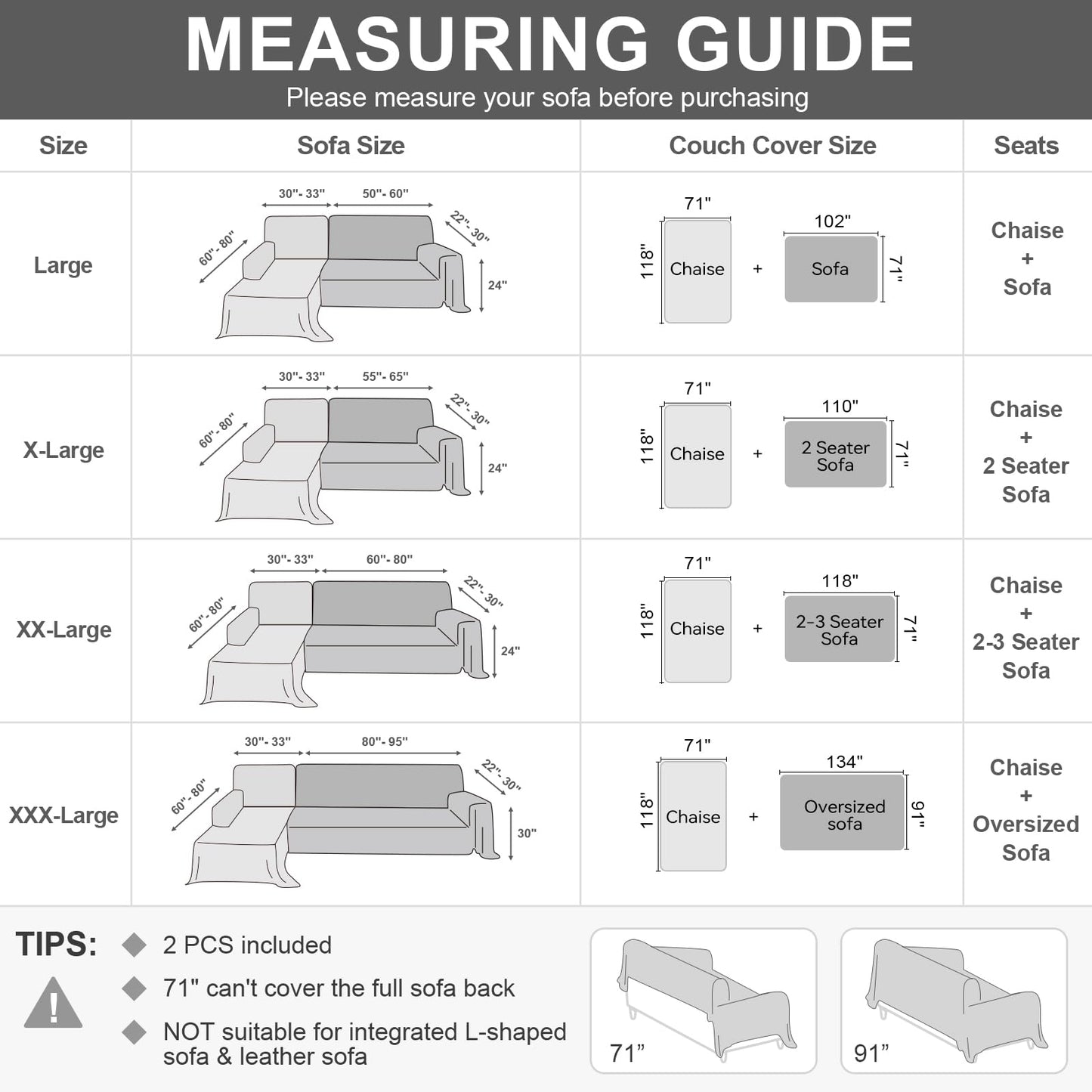 OstepDecor Sectional Couch Covers 2 Pieces, L Shaped Couch Cover Blanket, Sectional Sofa Cover Washable, Chaise Lounge Sofa Slipcovers Pet Furniture Protector for Dogs (71"x118"+91"x134", Light Grey)