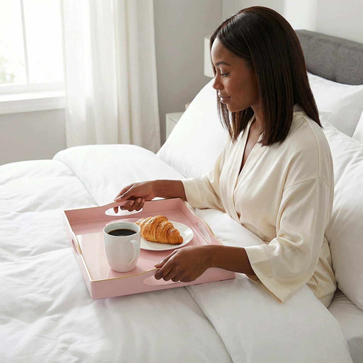 Umisriro Pink Serving Tray with 4 Handles, Plastic Decorative Tray for Coffee Table, Ottoman - Ideal for Living Room & Bathroom. 15” x 11” x 1.9”