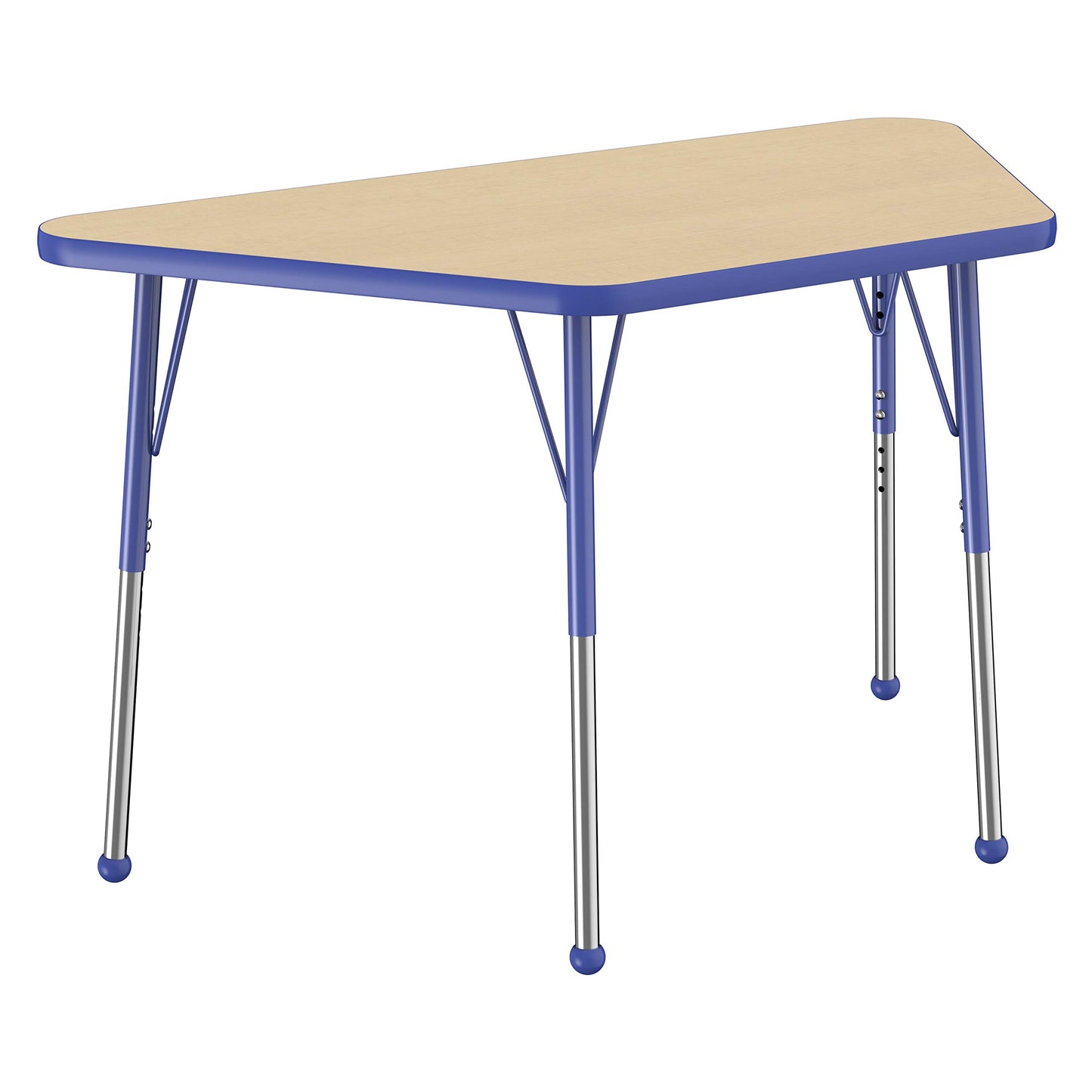 FDP Trapezoid Activity School and Office Table (24 x 48 inch), Standard Legs with Ball Glides for Collaborative Seating Environments, Adjustable Height 19-30 inches - Maple Top and Blue Edge
