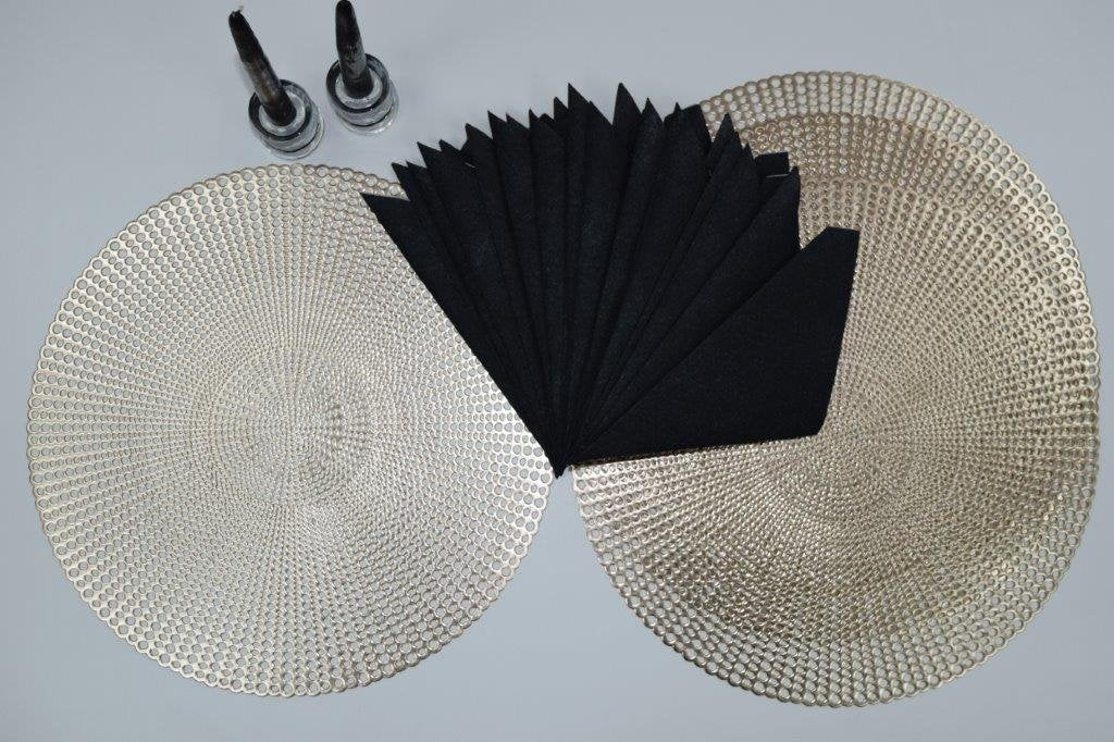 16" Round Placemats (Set of 4), 12 Prefolded 3 ply Napkins, 2 Matching Taper Candles, 2 Glass Candle Holders (Silver)