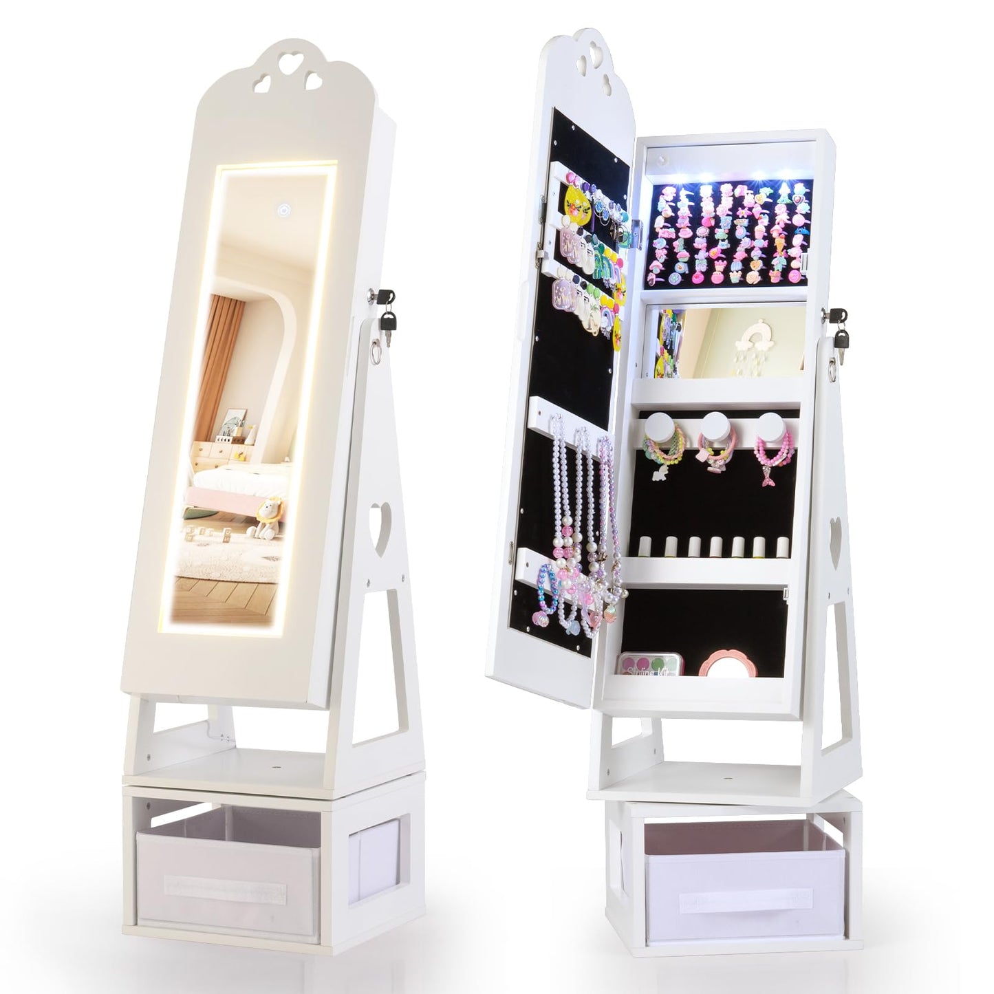 INFANS Kids Jewelry Armoire Cabinet, 360° Swivel Lockable Standing Makeup Organizer with Interior Lights, Rotatable Full-Length LED Vanity Mirror with Foldable Fabric Drawer for Girls