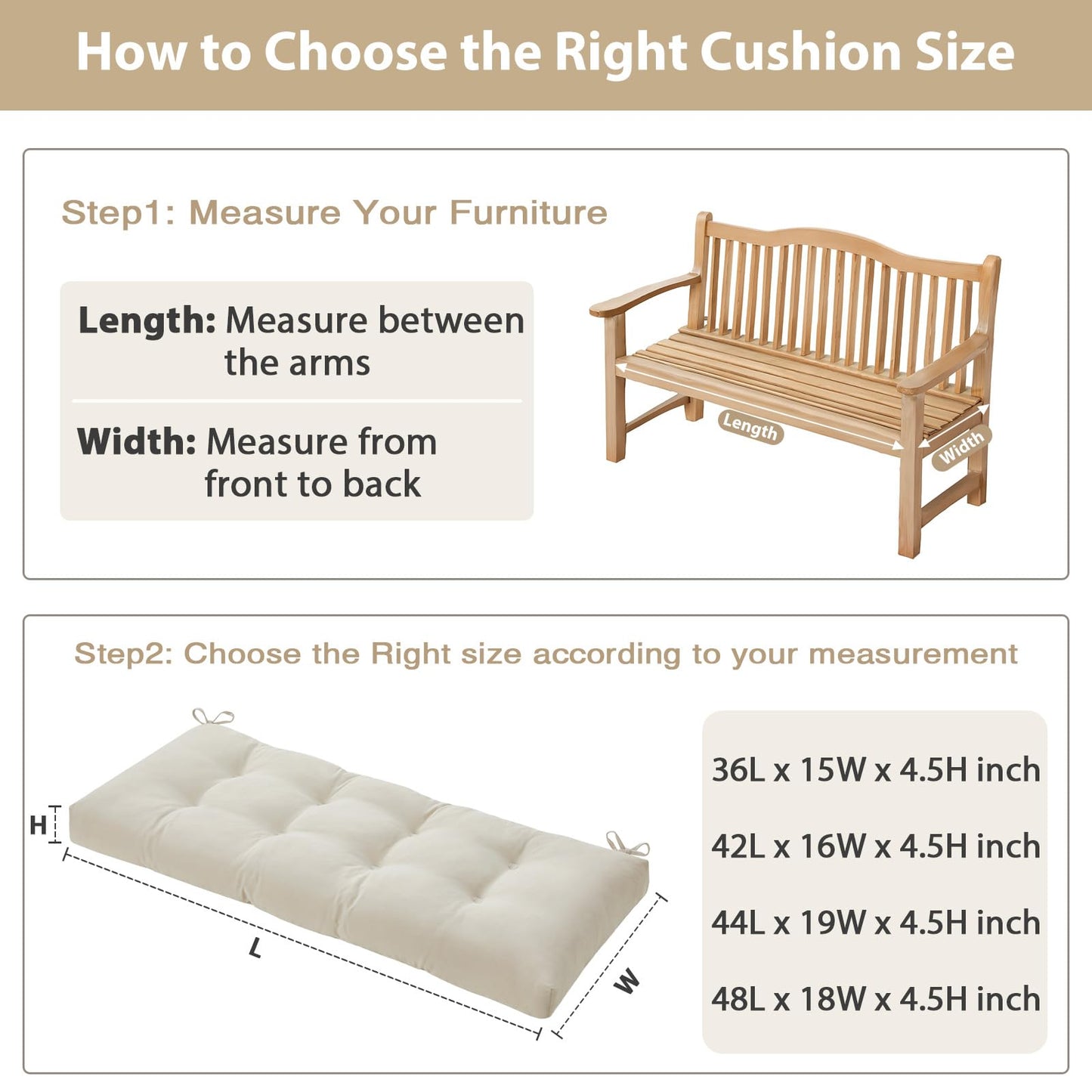 WEOAVRY 48 Inch Bench Cushions for Indoor Furniture, Super Soft Rectangle Bench seat Cushion Pad with Non-Slip Bottom, Waterproof Bench Pad for Window Porch(Beige, 48x18x4.5 Inch)