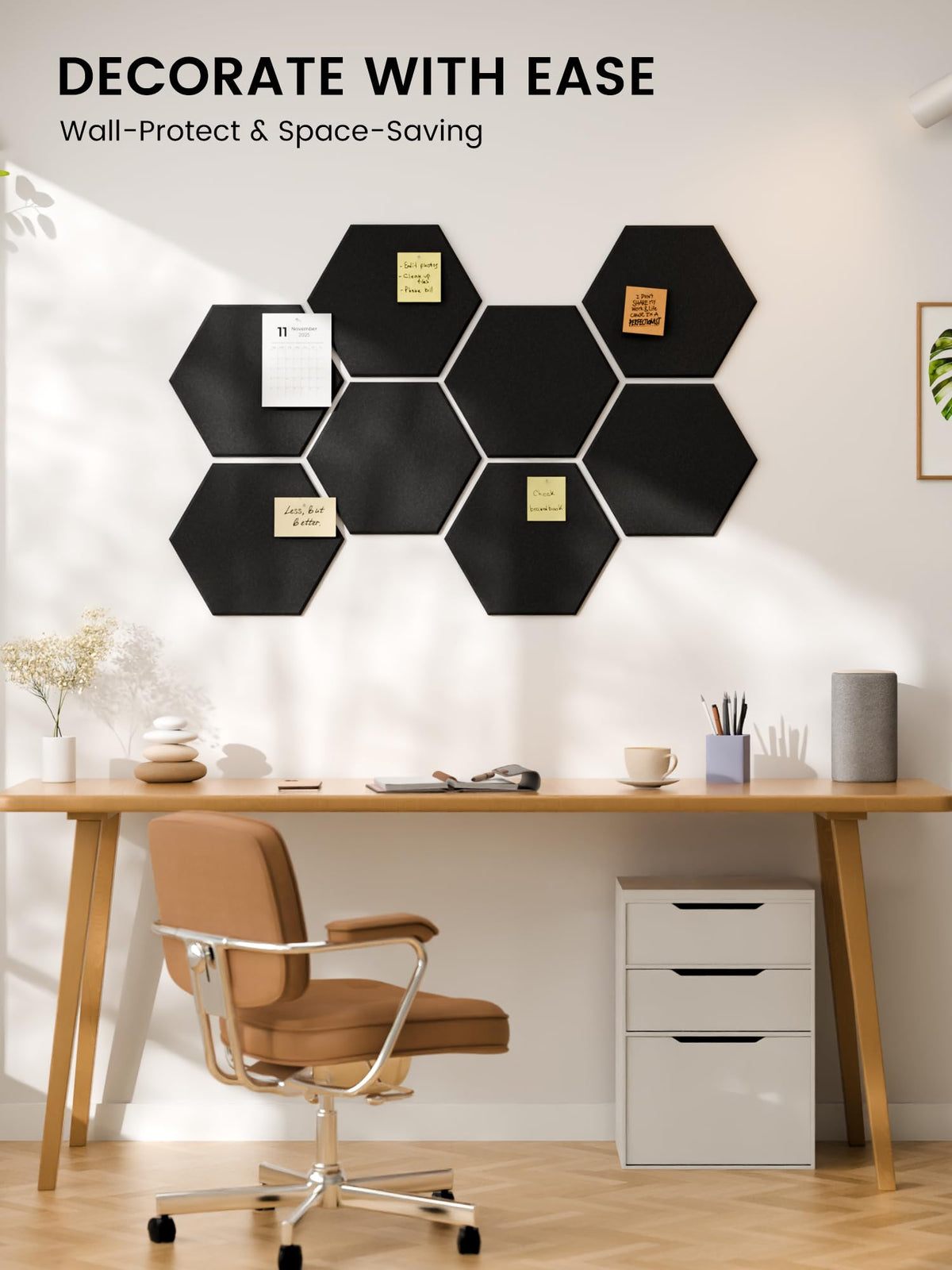 Fluxynara Hexagon Cork Board Alternative for Walls Decor-8-Pack Felt Bulletin Board Tiles,with 30 Pushpins,50 Adhesive Tabs for Office,Classrooms & Home Pin Board Felt Board-Black