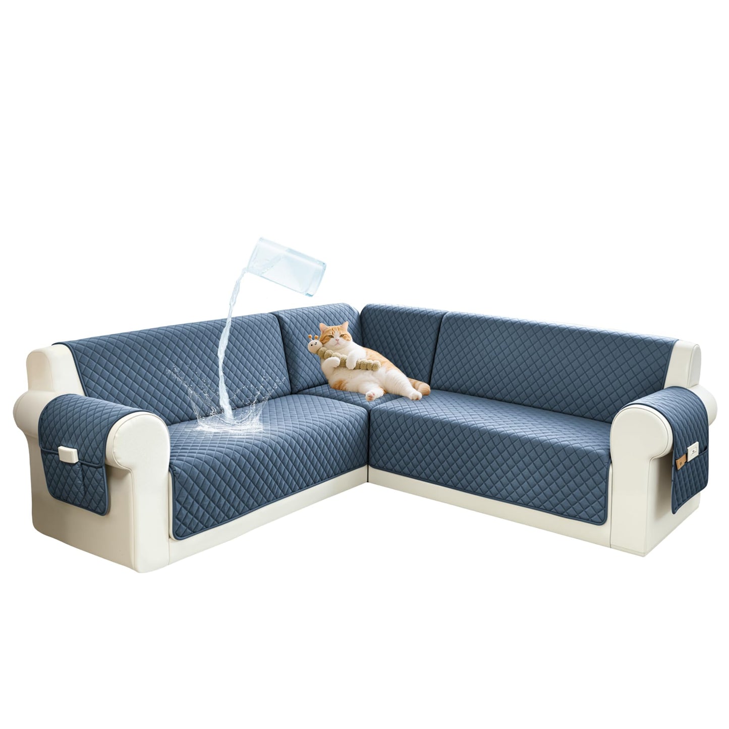 SYJOVIA Sectional Couch Covers for Dogs 100% Waterproof Corner L Shaped Sofa Cover Pet Friendly Velvet Washable Anti Slip L Shape Modular Sofa Slipcover Protector with Pockets (Blue, XX-Large)