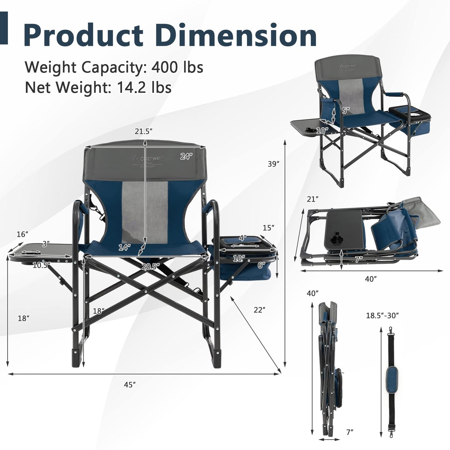 COSTWAY 2-Pack Folding Camping Chair, Heavy-Duty Director Chair Supports 400lbs for Adults with Side Table, Cooler Bag, Storage, Strap, Portable Makeup Chair Set of 2 for Fishing Picnic, Blue