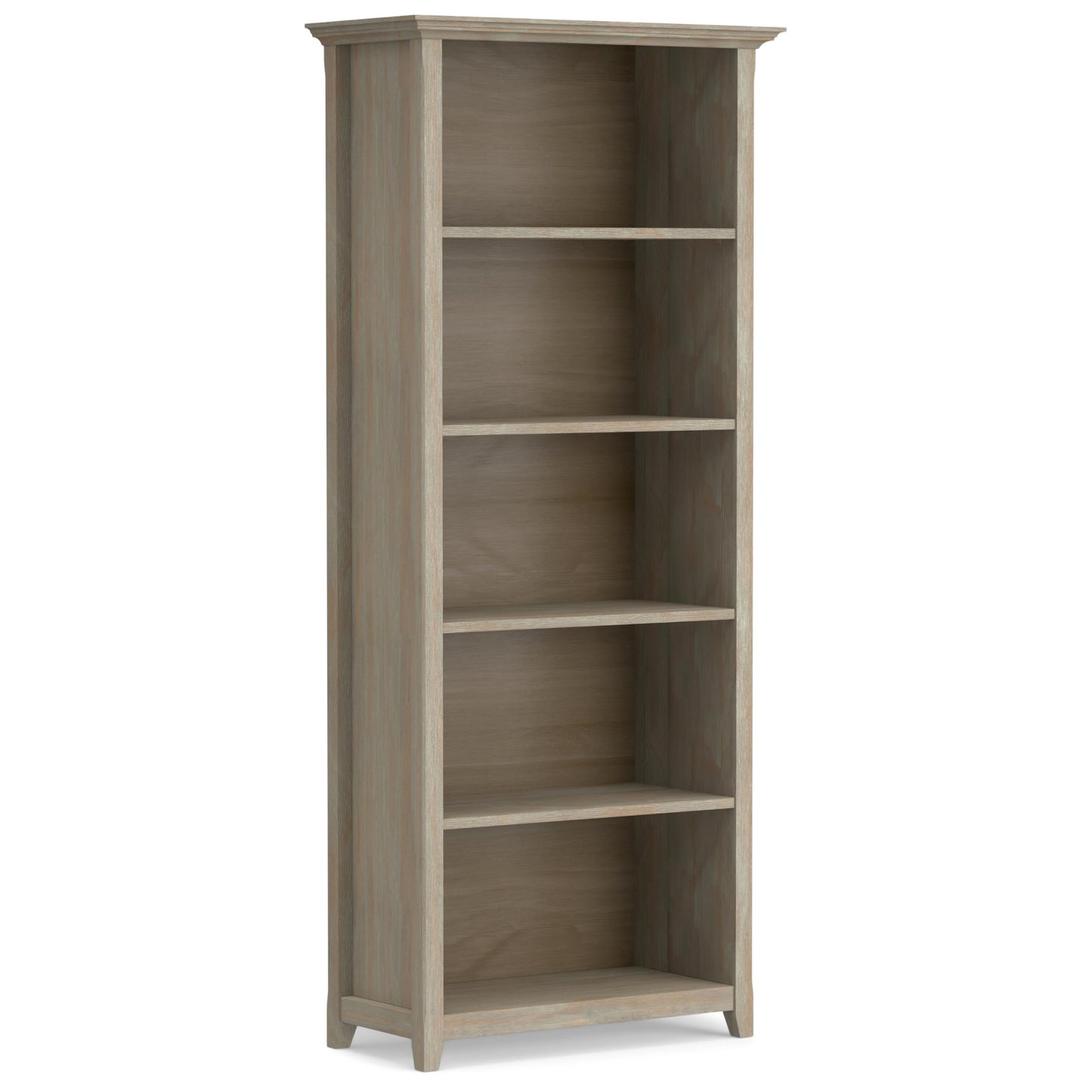 SIMPLIHOME Amherst Bookcase - 70 inch Tall 5-Shelf Solid Wood Bookshelf in Distressed Grey, Transitional Storage for Living Room, Study Room or Office with Adjustable Shelves and Tapered Legs
