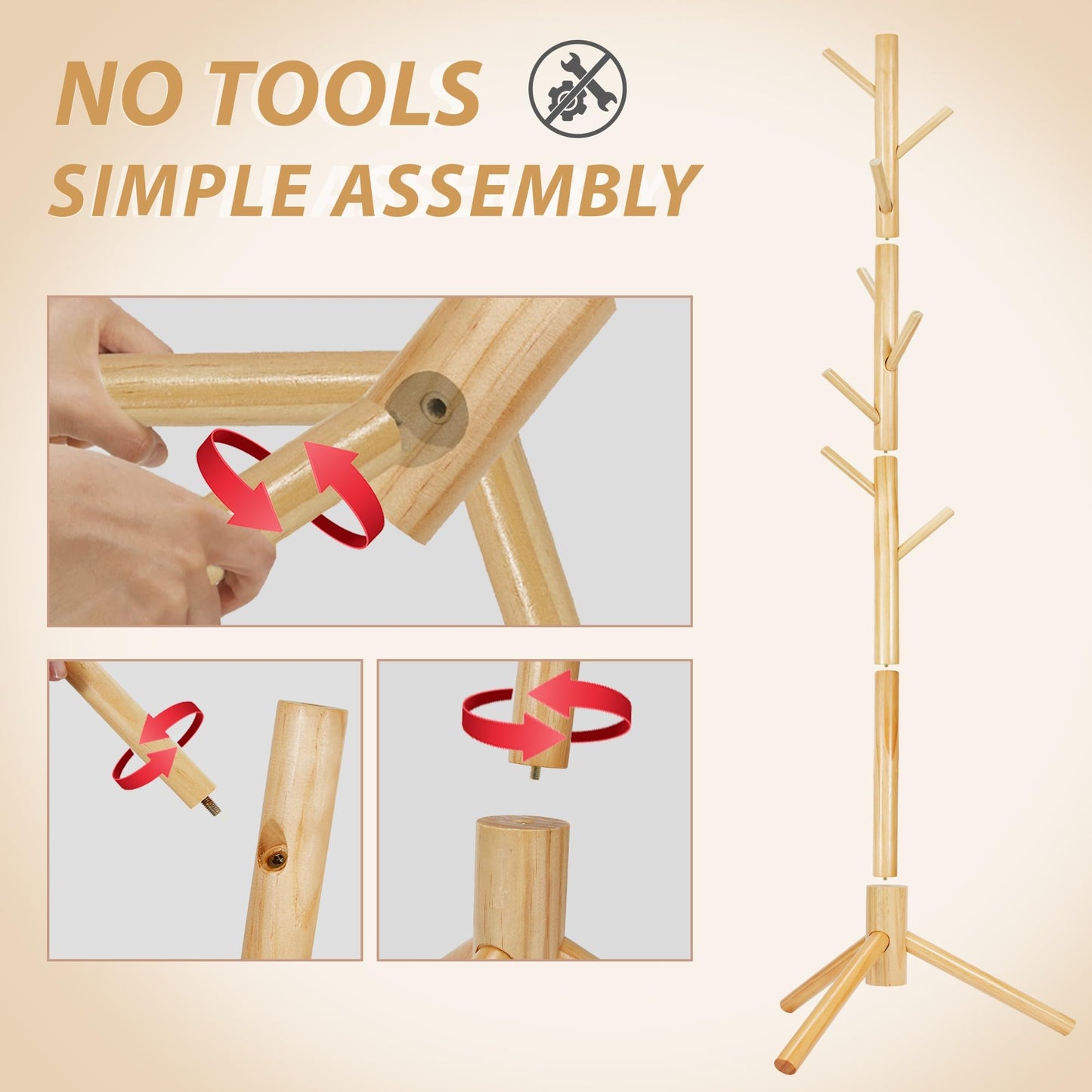 Unisakey Durable Wooden Coat Rack, Freestanding Coat Rack with Stable Triangular Base, 8 Hooks & 3 Adjustable Heights, Simple Assembly for Bedroom, Hallway, Office(New Nature)