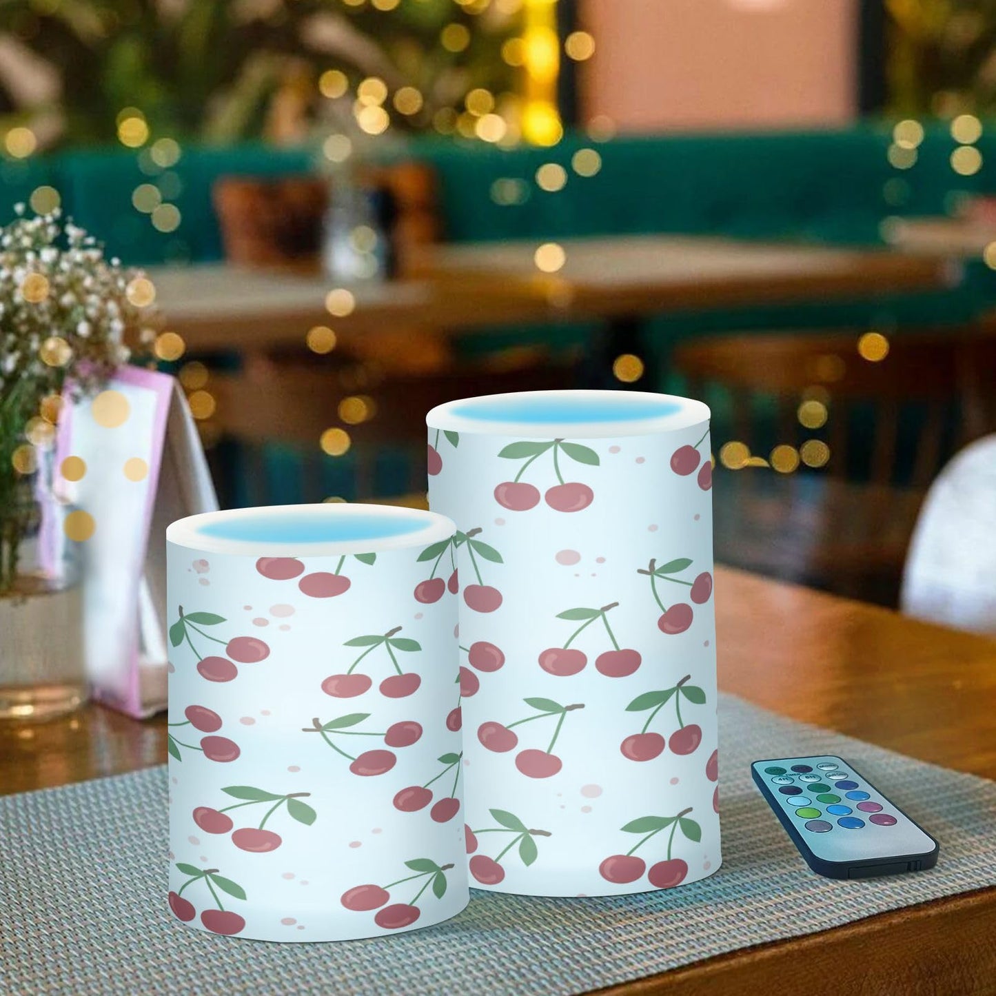 ALAZA Cherries Flickering Flameless Candles Battery Operated with Remote Timer,Tea Light Candles LED Pillar Votive Candles Set of 2 for Outdoor Indoor Decorations195