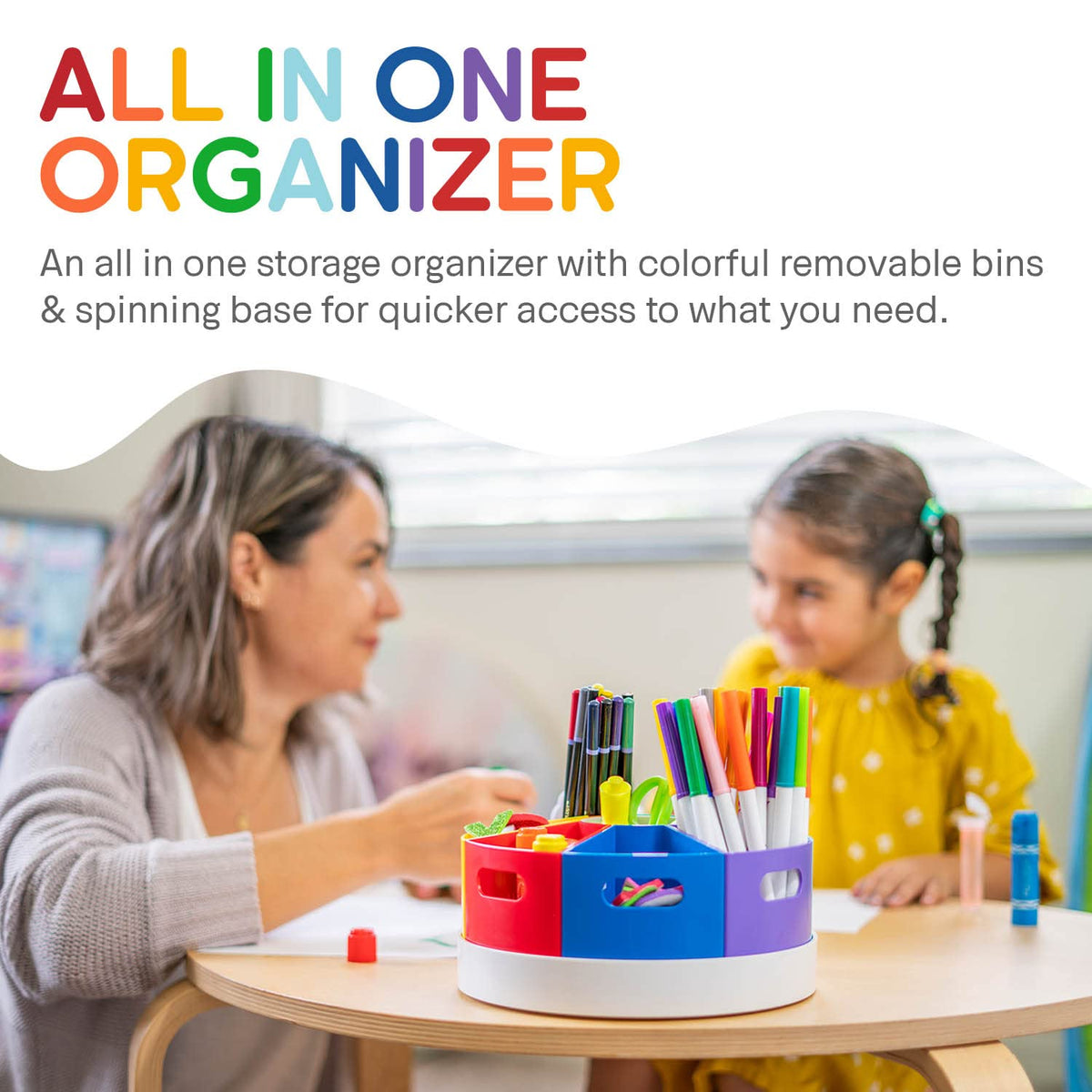 PUZZLE EZ 8.6" Desk Art Supply Organizer for Kids – Compact Rotating Lazy Susan Art Caddy with Dividers for Crayons, Markers & Pencils, Classroom Storage for Teachers Students Homeschool