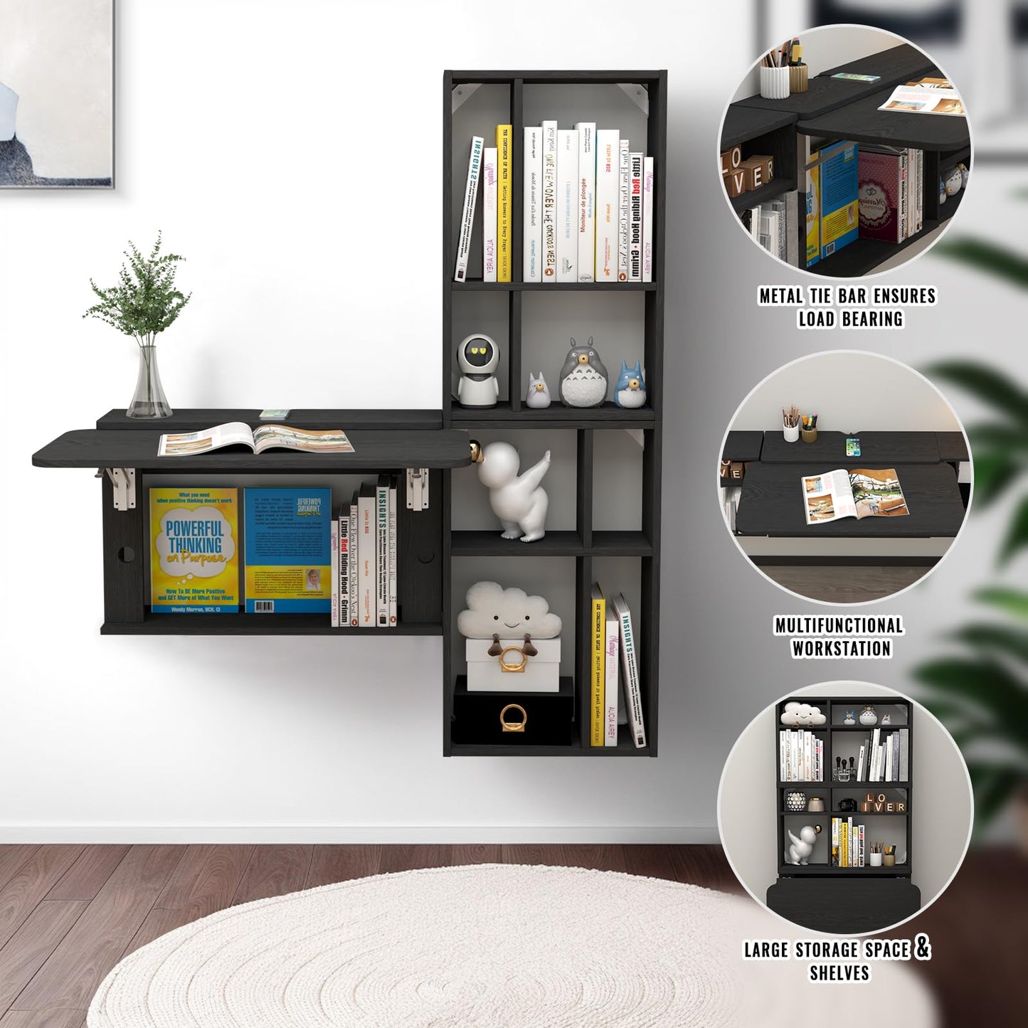 TuckTect Floating Desk with Storage Shelves, 82'' Wall Mounted Desk Laptop Writing Study Table, Folding Drop Leaf Table, Multifunctional Computer Workstation for Narrow Small Space