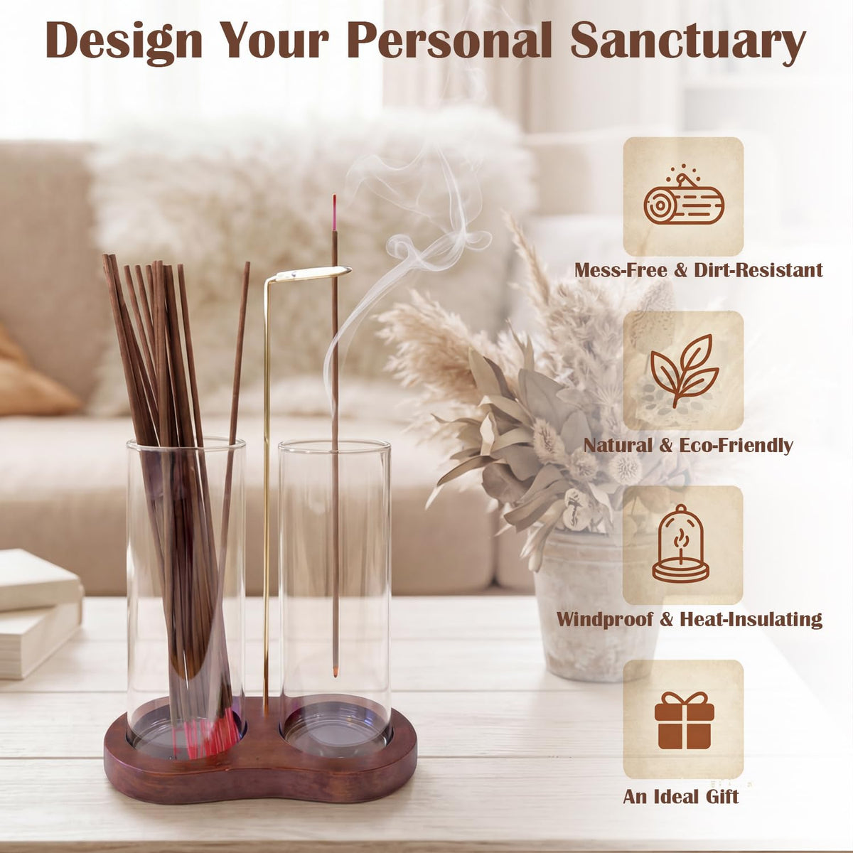 2 in 1 Mess-Free Hanging Incense Holder for Sticks, Anti-Ash Glass Incense Burner with Wooden Tray, Vertical Brass Stand Catcher, Aesthetic Zen Room Decor for Aromatherapy and Meditation