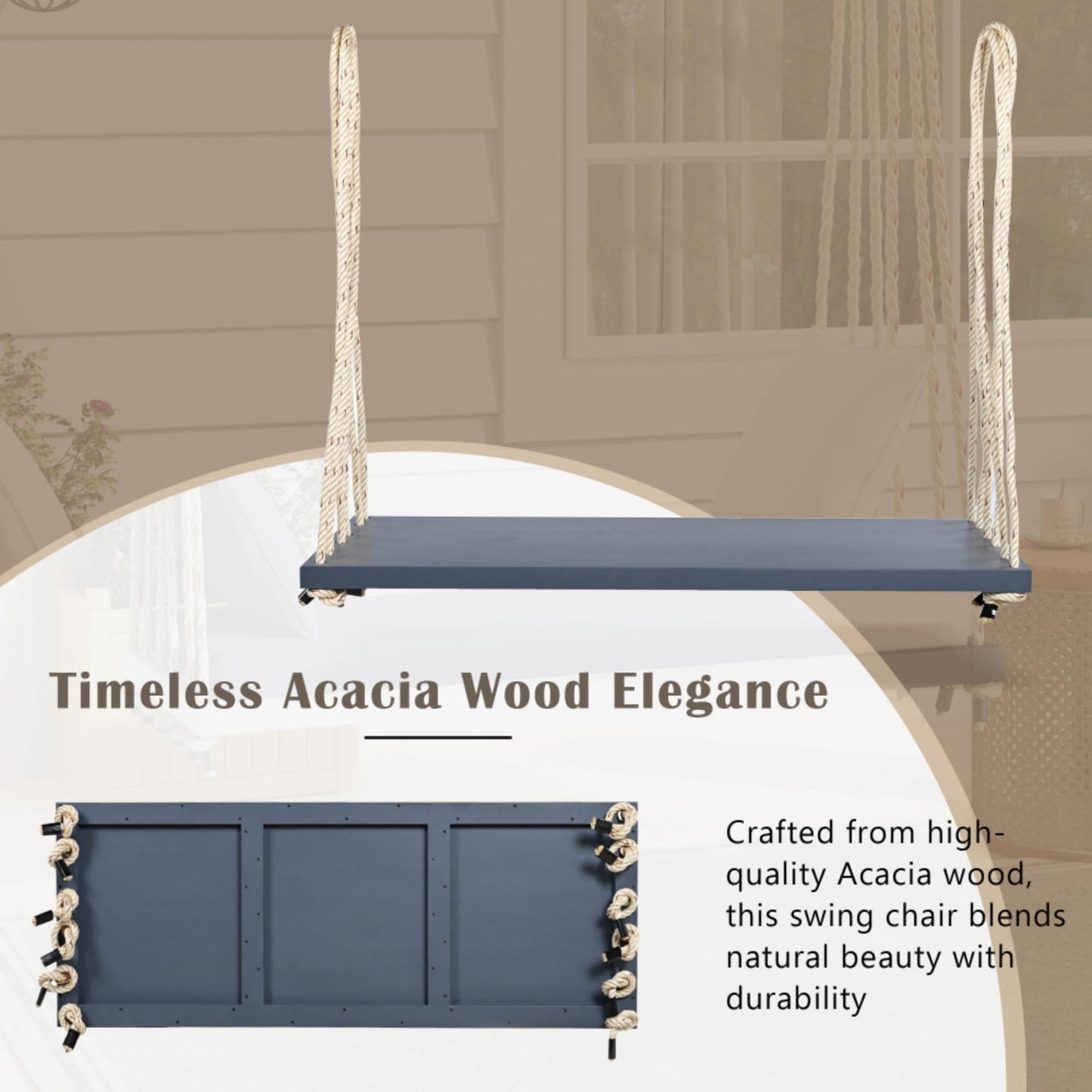 Patio Wooden Swing Chair, Acacia Wood Hanging Porch Swing Bench with Cushion & Pillows, Heavy Duty Hemp Ropes Swing Chair for Garden, Backyard, Lawn & Outdoor Relaxation (Gray)