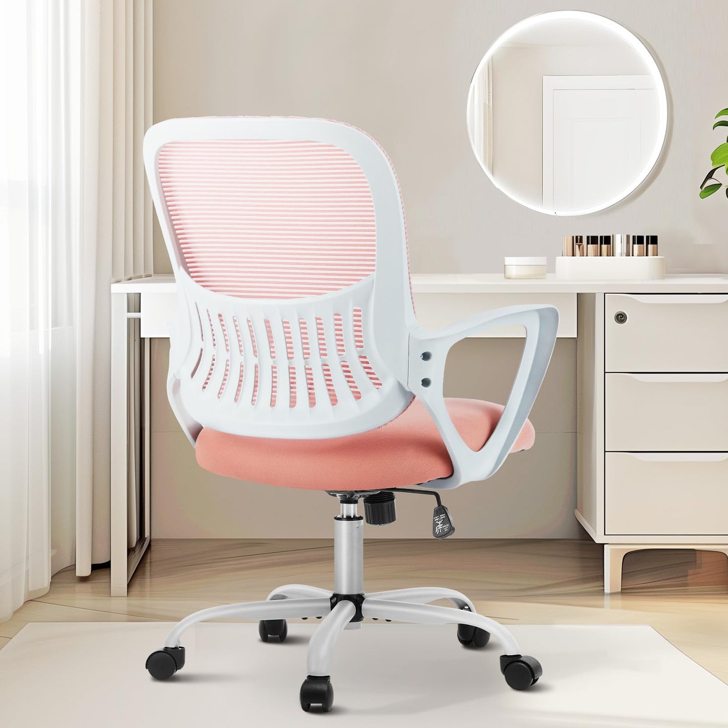Sweetcrispy Ergonomic Mid-Back Mesh Home Office Desk Chair with Wheels, Managerial Executive Chair with Lumbar Support, and Comfortable Armrests for Home, Bedroom, Study, Office, Pink