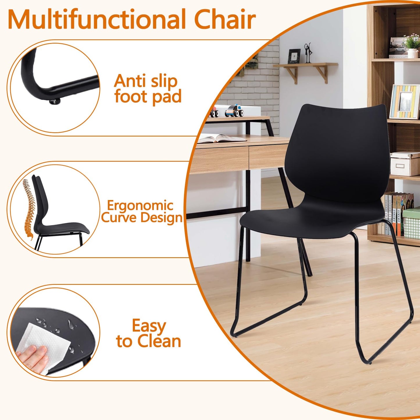 KLASIKA Stackable Waiting Room Chair, Stacking Office Chair with Ergonomic Lumbar Support and Metal Legs, Plastic Desk Chairs for Conference School Church Guest Reception Set of 4, Black