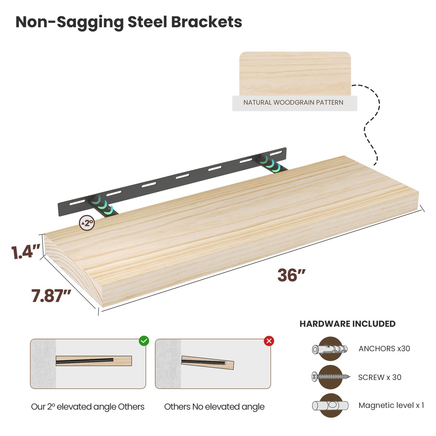 Vivelove Natural Wood Floating Shelves 36”，8 inch Deep Floating Shelf with Invisible Brackets, Unfinished Wall Shelves for Living Room, Bathroom, Kitchen, Bedroom, Home Decor, Set of 2 - Natural