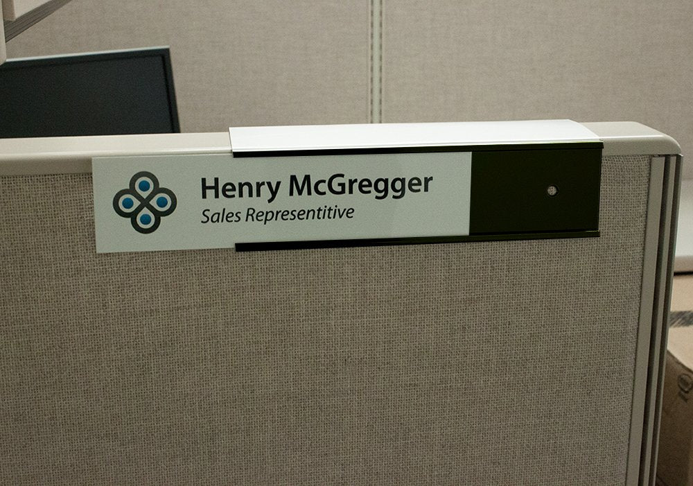 Quality Aluminum, Changeable Cubicle Nameplate Holder, Satin Silver Base, and Matte Black Name Plate Holder, Guaranteed Not to Crack (3" Depth)