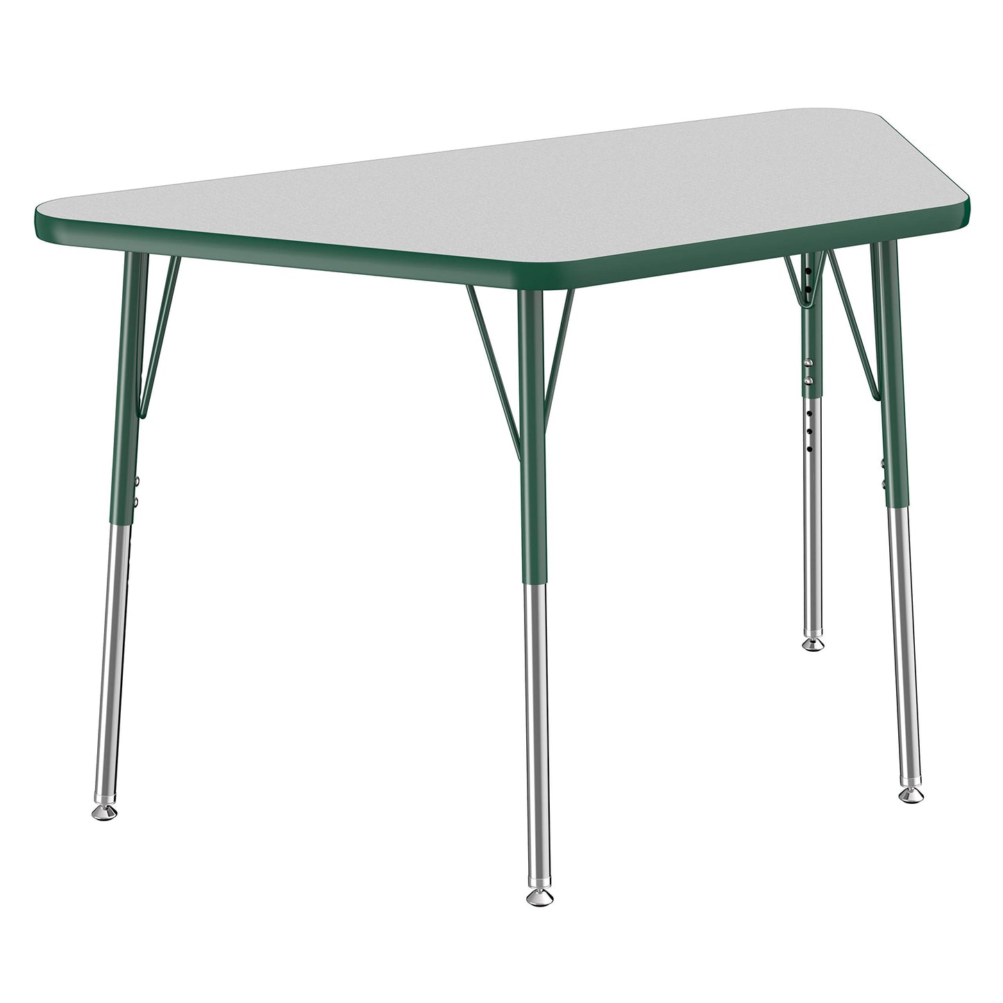 FDP Trapezoid Activity School and Office Table (24 x 48 inch), Standard Legs with Swivel Glides for Collaborative Seating Environments, Adjustable Height 19-30 inches - Gray Top and Green Edge