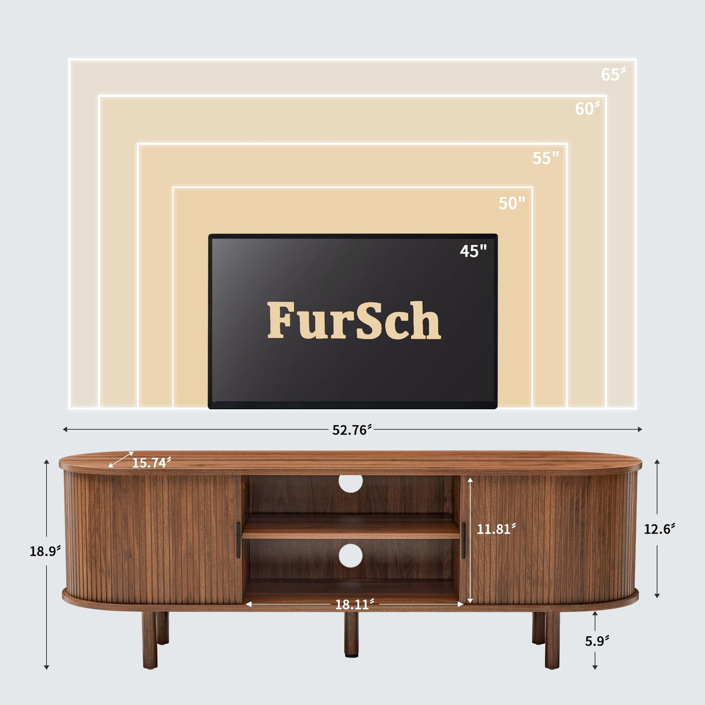 FurSch 53" Tambour Door TV Stand,Wood Mid Century Modern TV Cabinet for Up to 65“ TV,Curved Edge Long TV Stand with Storage for Bedroom Living Room(Walnut, 53inch)
