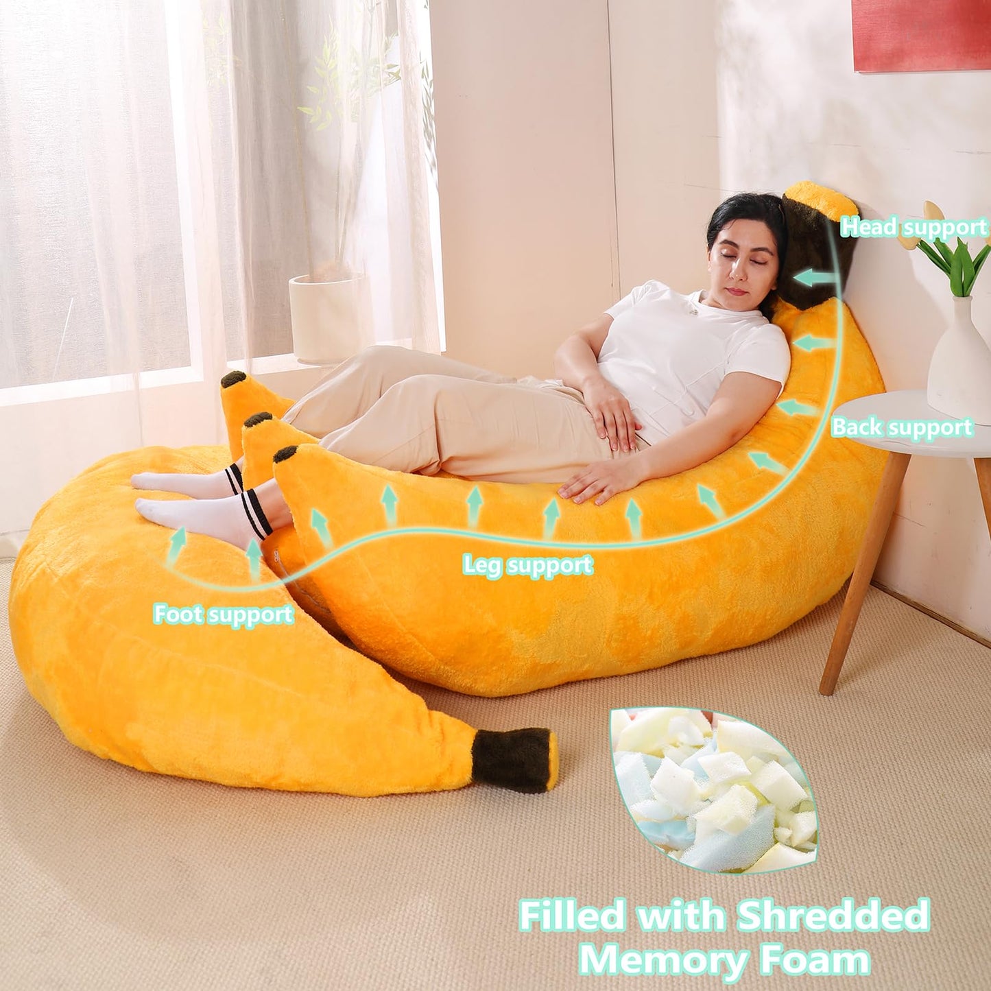 IEVENW Banana Bean Bag Chair with Ottoman, Floor Sofa Bed with Footrest, Comfy Convertible Lounger for Adults, Plush Couch for Bedroom, Living Room or Dorm, L-Yellow