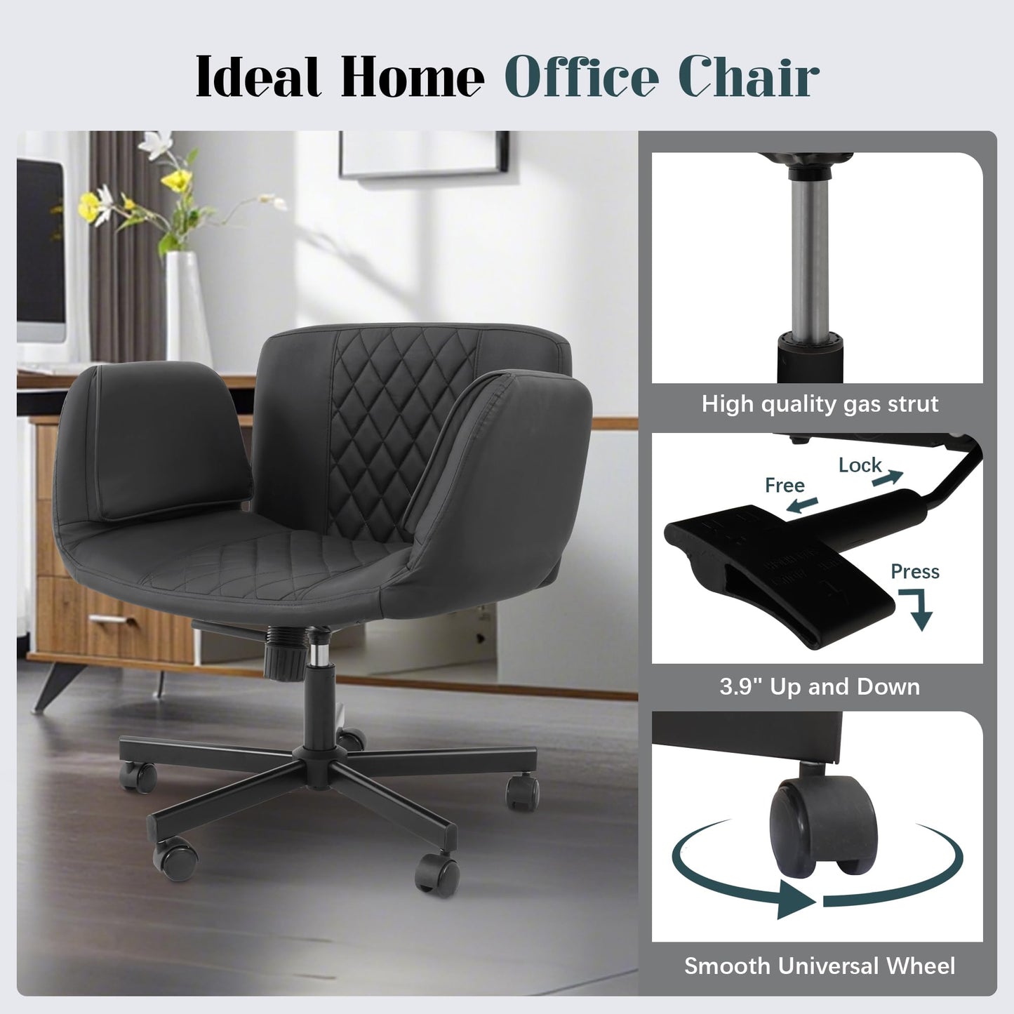 Azaeahom Criss Cross Chair with Wheels & Adjustable Armrests, PU Leather Computer Vanity Desk Chairs for Home, Office, Bed Room(Black)