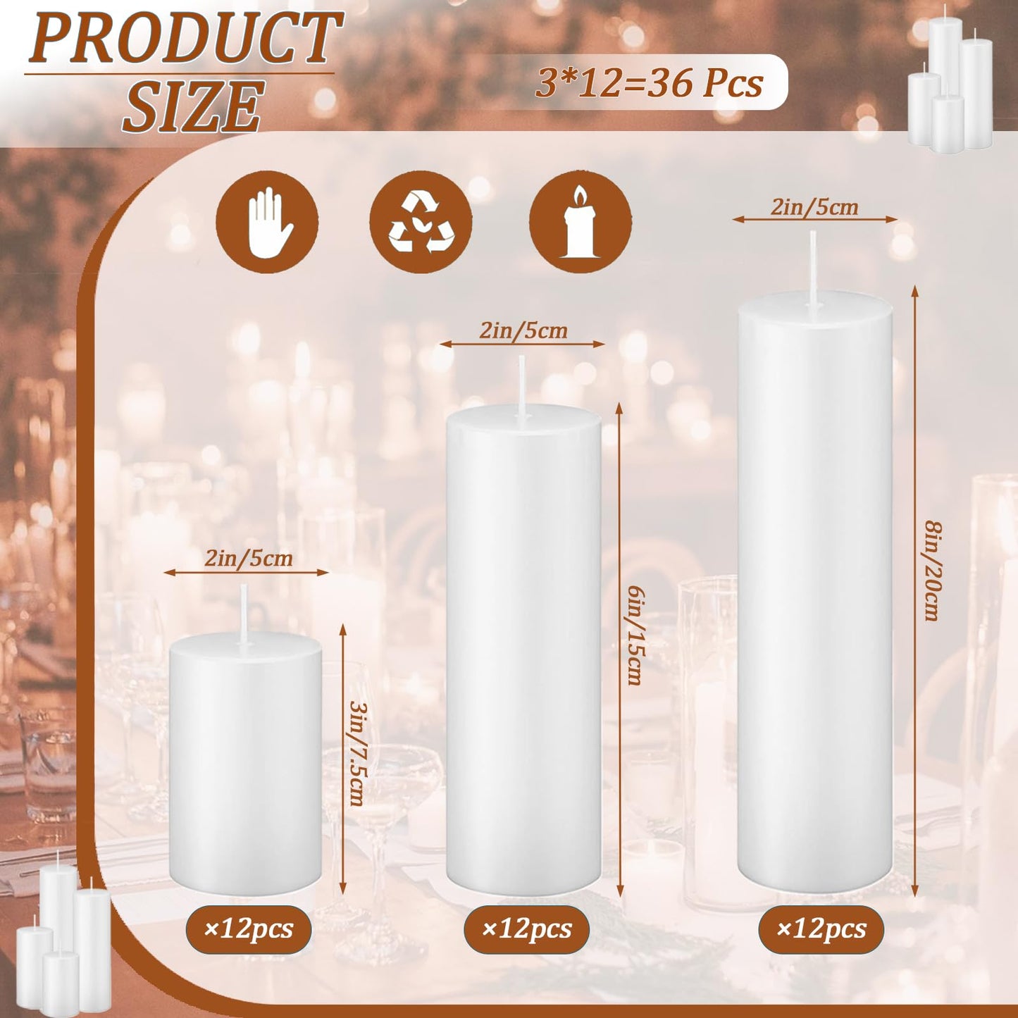 Trxvxo White Pillar Candles Bulk Set of 36，Hurricane Candles，3 Different Lengths 2 x 3/6/8 Inch (12 Each)，Dripless Unscented Smokeless，Gives You a Better Atmosphere When Organizing an Event Party.