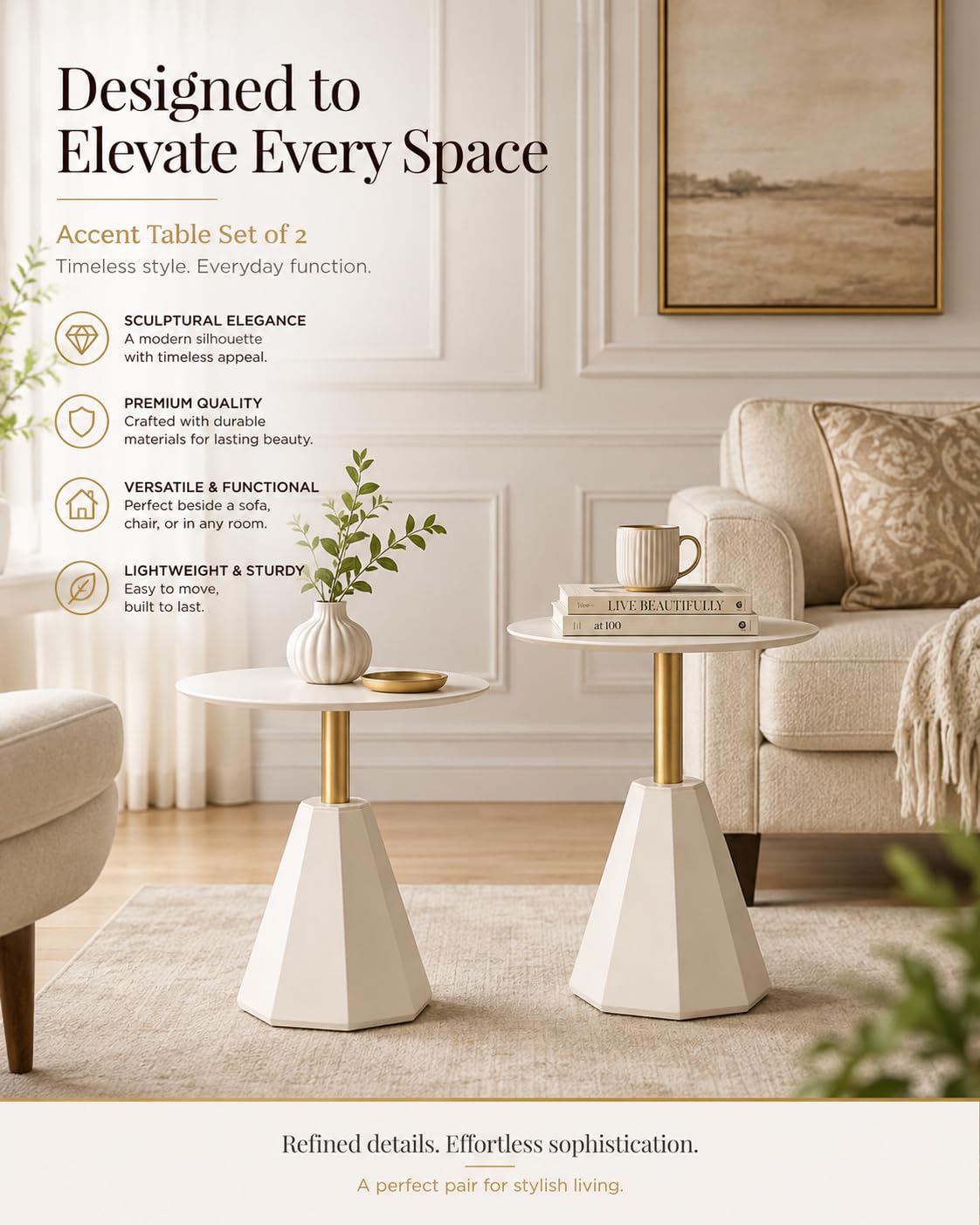 goldwork Round Wood Side Table, Set of 2, Coffee Nightstand Cocktail Drink Modern Accent Circle End Table, Wood Pedestal Base for Living Room, Bedroom, Small Spaces, Offices, Ivory