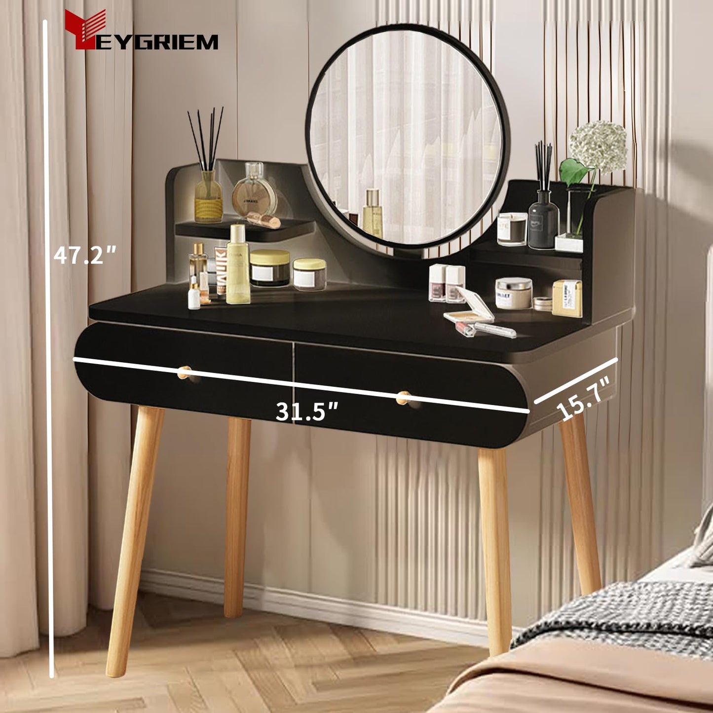 YEYGRIEM Makeup Vanity Table Set with Mirror, Medium Density Fiberboard Modern Makeup Vanity Dressing Desk with 2 Drawers and 2 Shelves, 31.5"(L)*15.7"(W)*47.2"(H), Black (Without Stool)