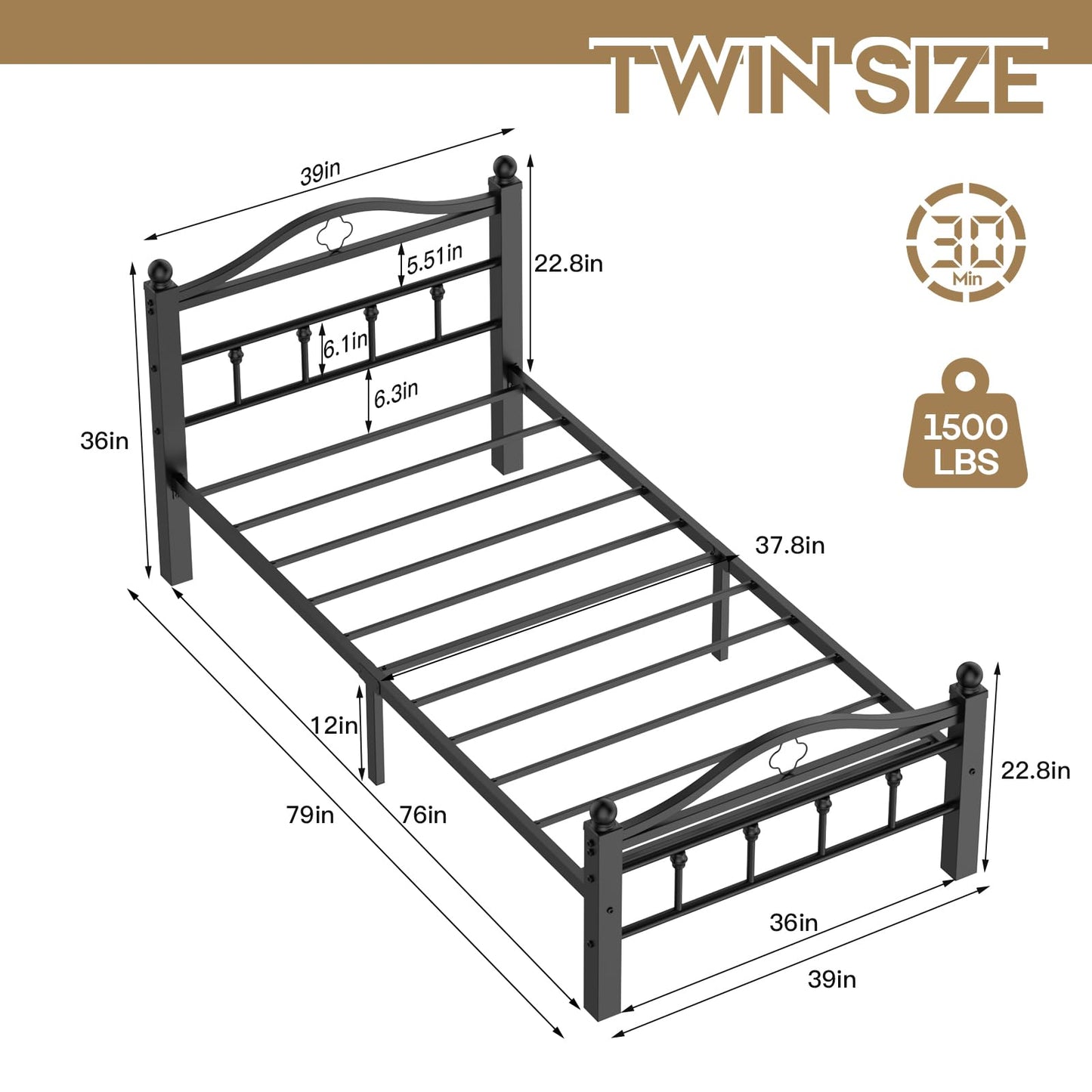 Slumber Haven Twin Bed Frame with Vintage Headboard