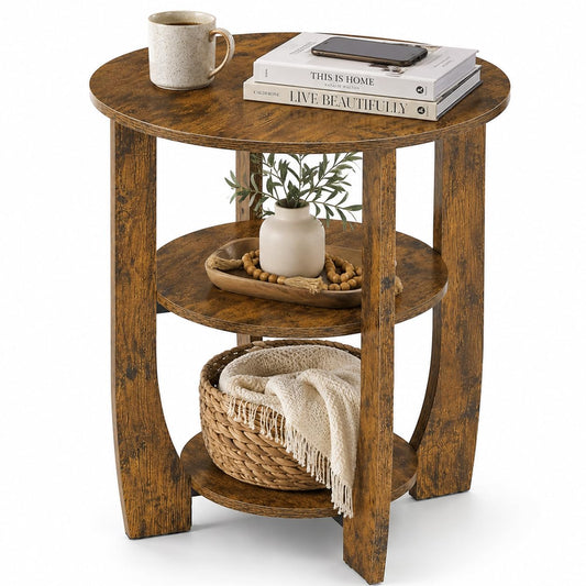 ZEXVIDA Round Side Table, 3-Tier End Table with Storage, 19.7 inch Rustic Brown Accent Table,Nightstand for Bedroom Living Room, Vintage Design for Couch, Sofa, Recliner, Small Space
