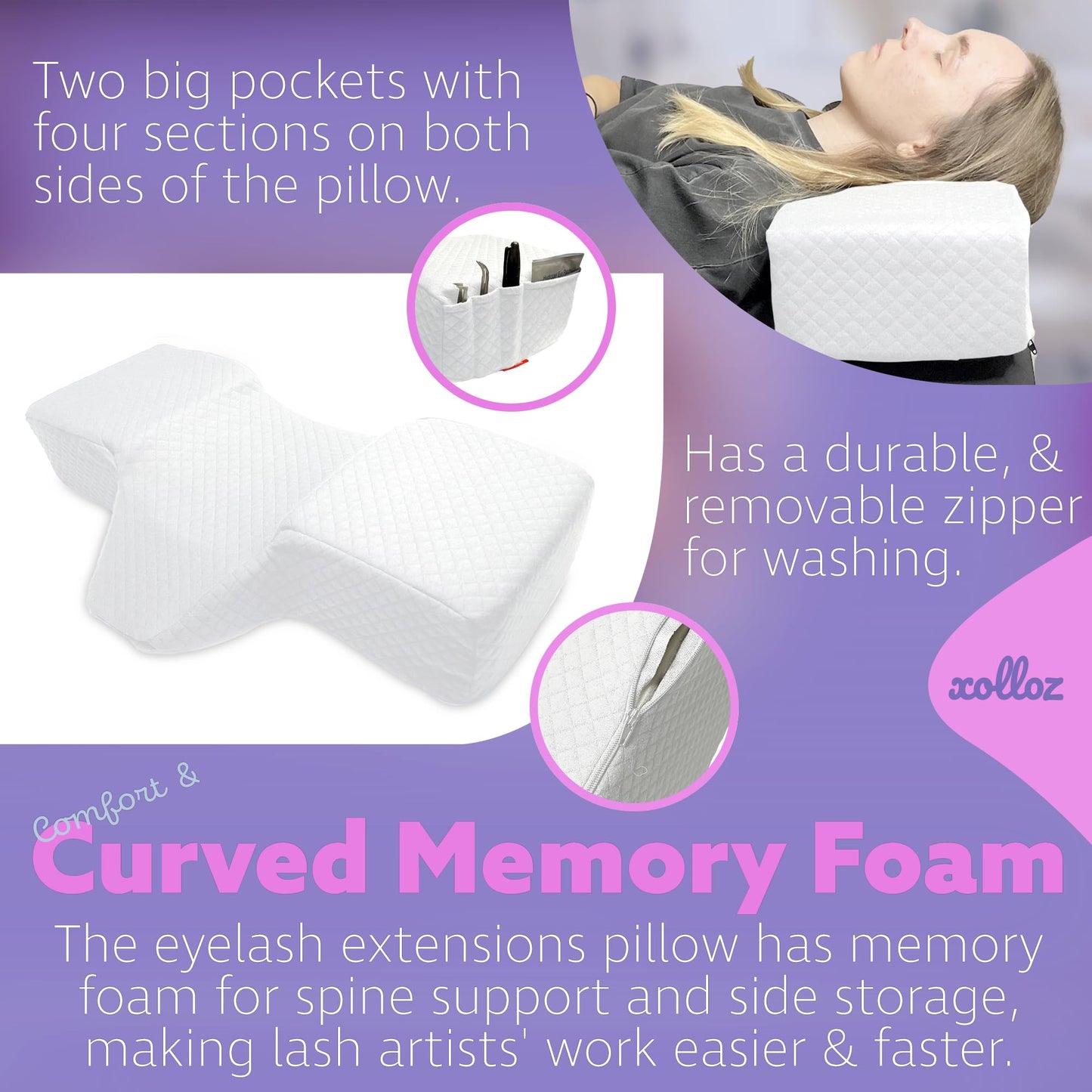 XOLLOZ Lash Pillow for Eyelash Extensions - Curved Memory Foam Bed Pillow, Ergonomic Head Rest with Neck Support, Side Pockets for Tools, Fits Lash Beds Tech – White