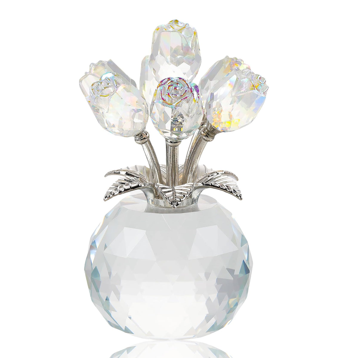 Arikyrist Crystal Clear Rose Bouquet Figurine with Round Vase, Glass Rose Flower Romantic Gifts for Women Mom on Birthday, Collectible Decoration Table Centerpiece for Home