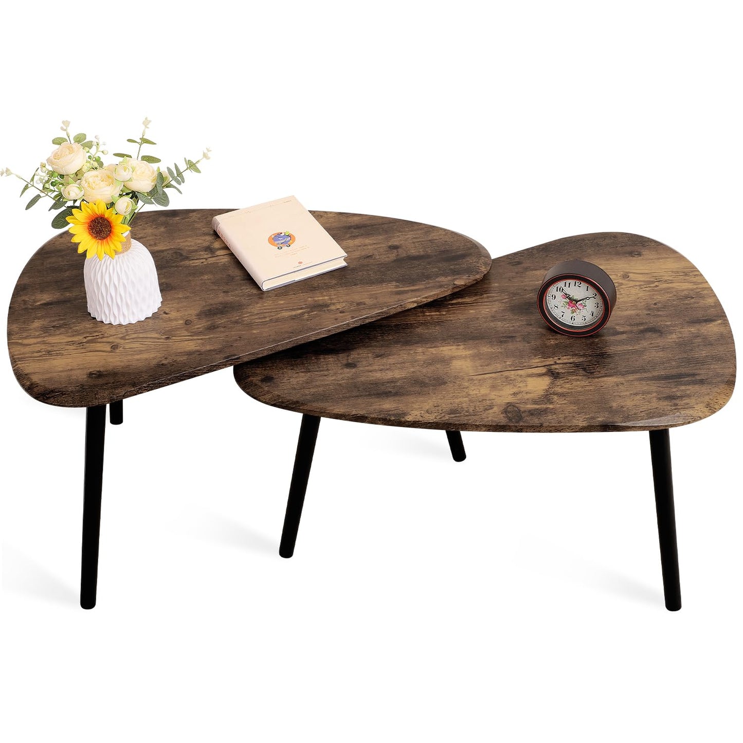WDSHIYI Nesting Coffee Tables, Nested Table with Wooden Legs Set of 2 - Triangle Side Table for Living Room, Bedroom, Minimalist Bamboo, Apartment & Small Spaces, Tiger