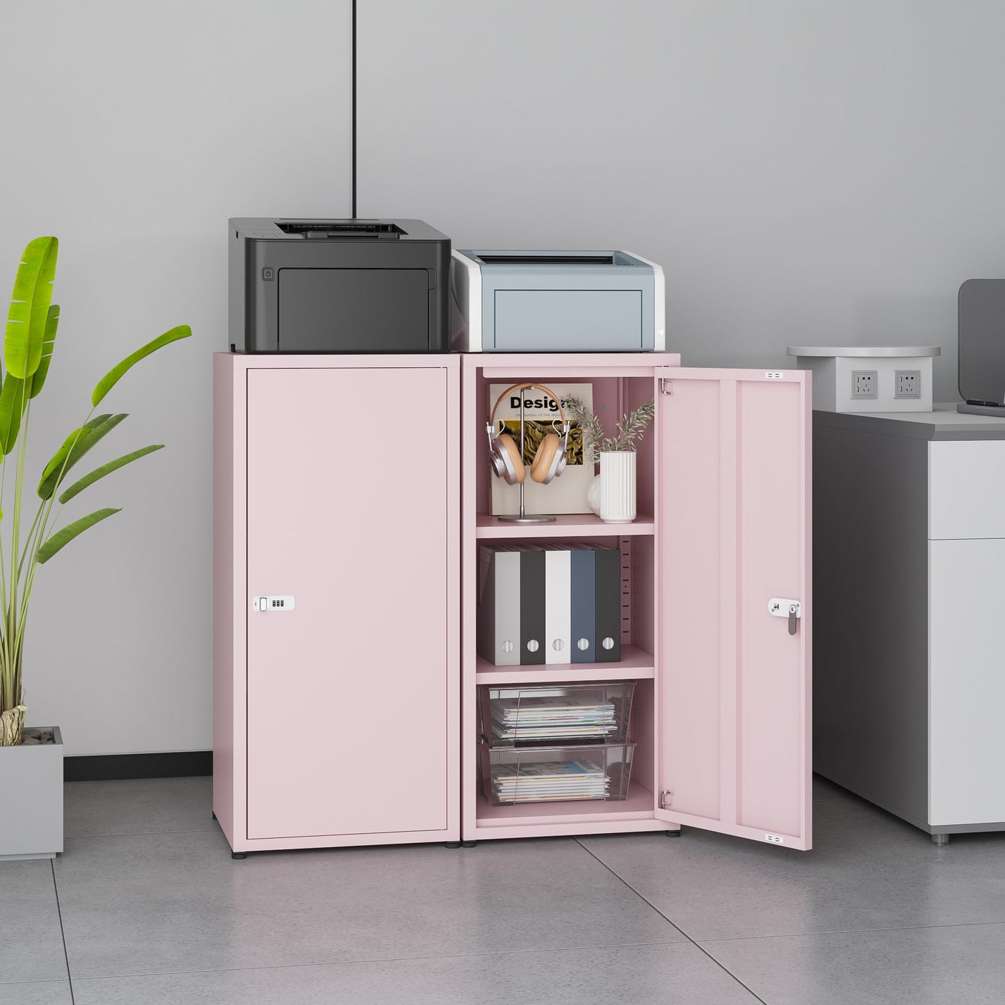 MIOCASA Metal Storage Cabinet with Lock, 3 Adjustable Shelves Single Door Steel Locker for Home, Office & Garage (Pink)