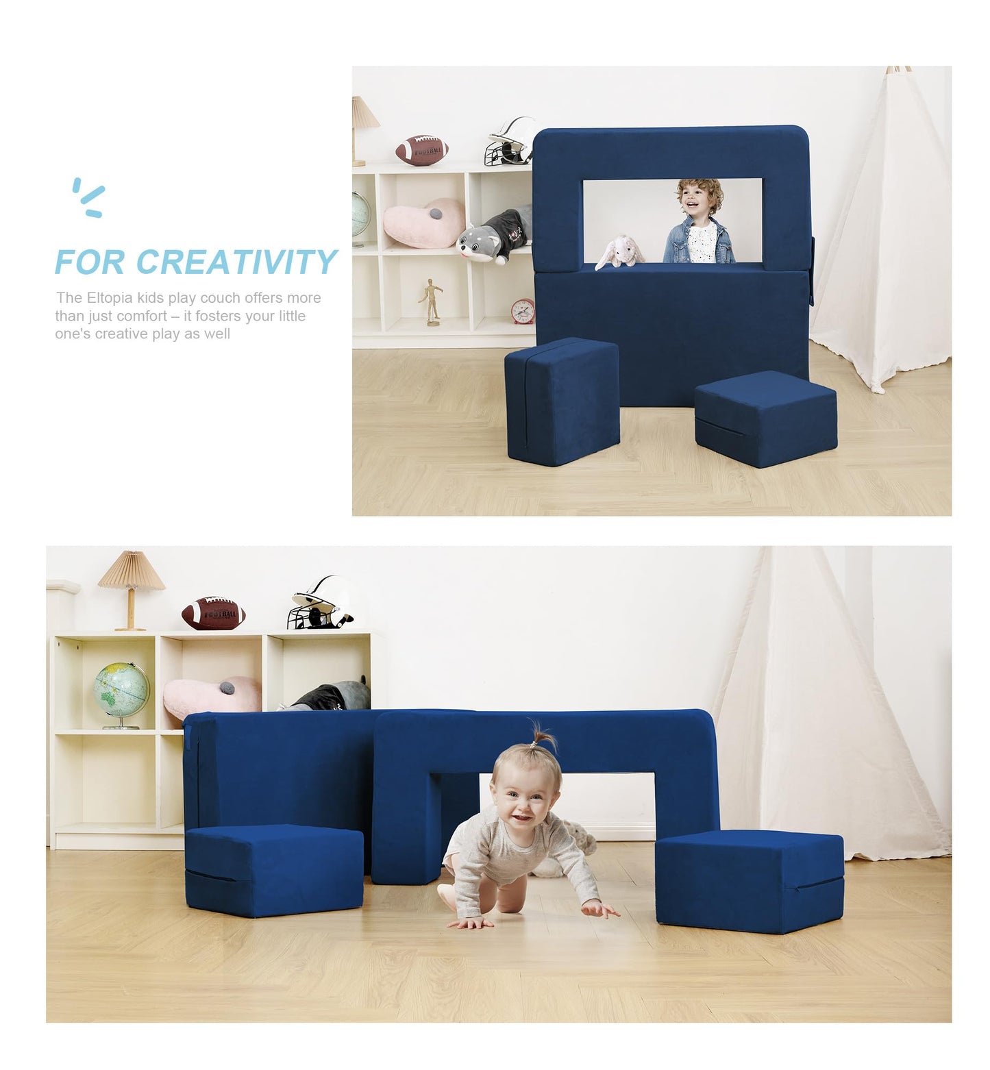 Elftopia Modular Kids Sofa,Toddler Couch Foam Armchair for Kids, Children Convertible Plush Sofa Play Set,Fold Out SofaBed(Navy)