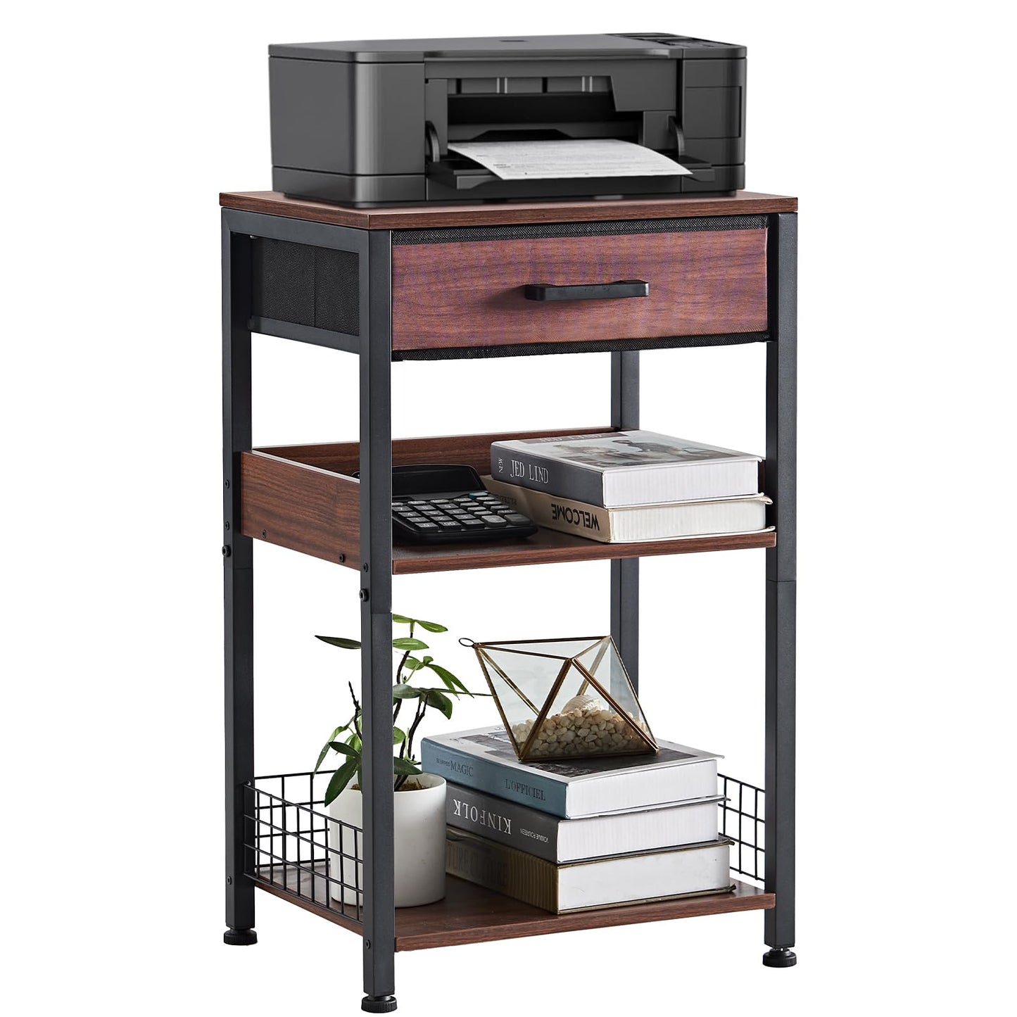 Lerliuo Walnut Printer Stand with Fabric Drawer, 3 Tier Industrial Side Table, Modern Small Printer Desk Holder with Storage Shelf,Multi-Functional Bedside Tables for Home Office Fax Machine Scanner